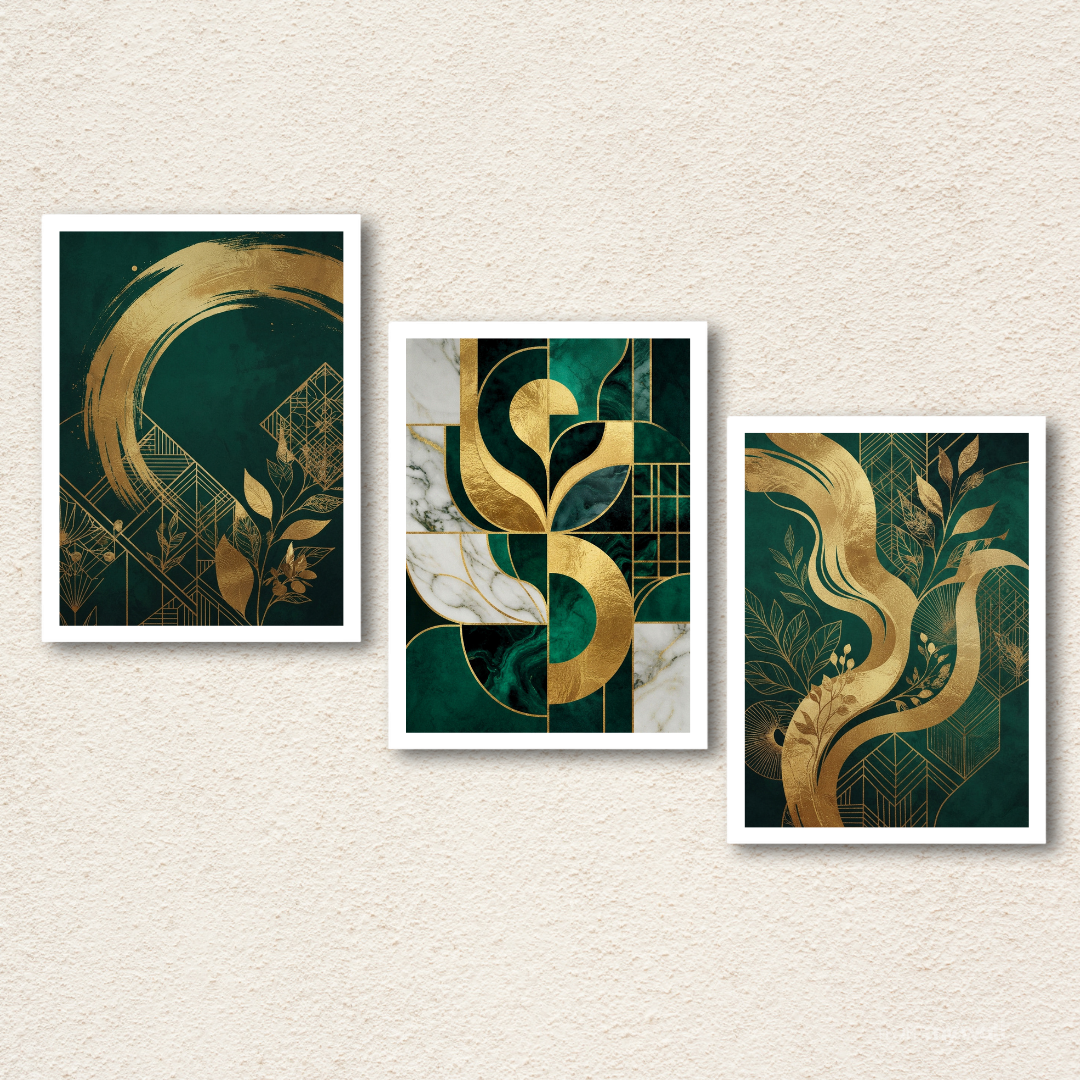 Emerald & Gold Abstract Canvas Art – Set of 3