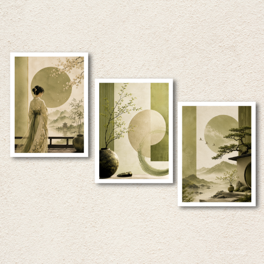 Sage Green Oriental Landscape 3-Piece Wall Art Set