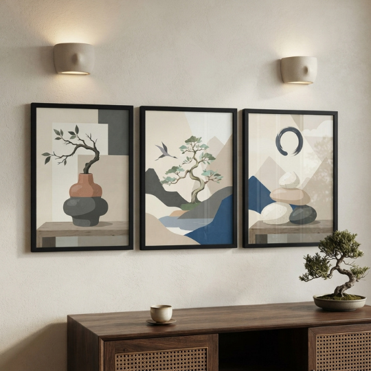 Minimalist Zen Bonsai & Balance Stones 3-Piece Wall Art Set