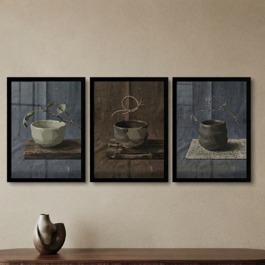 Wabi-Sabi Ceramic Tea Bowl 3-Piece Wall Art Set