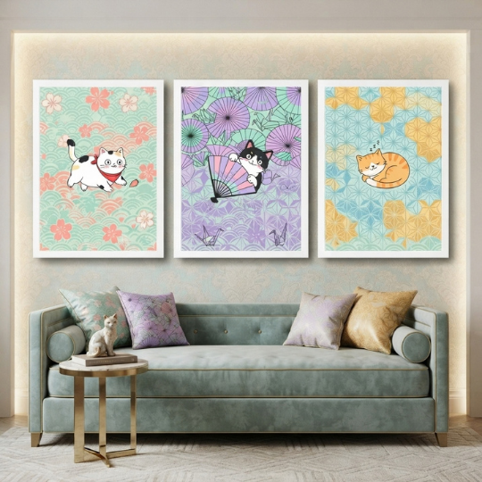 Japanese Cat Illustration 3-Piece Wall Art Set