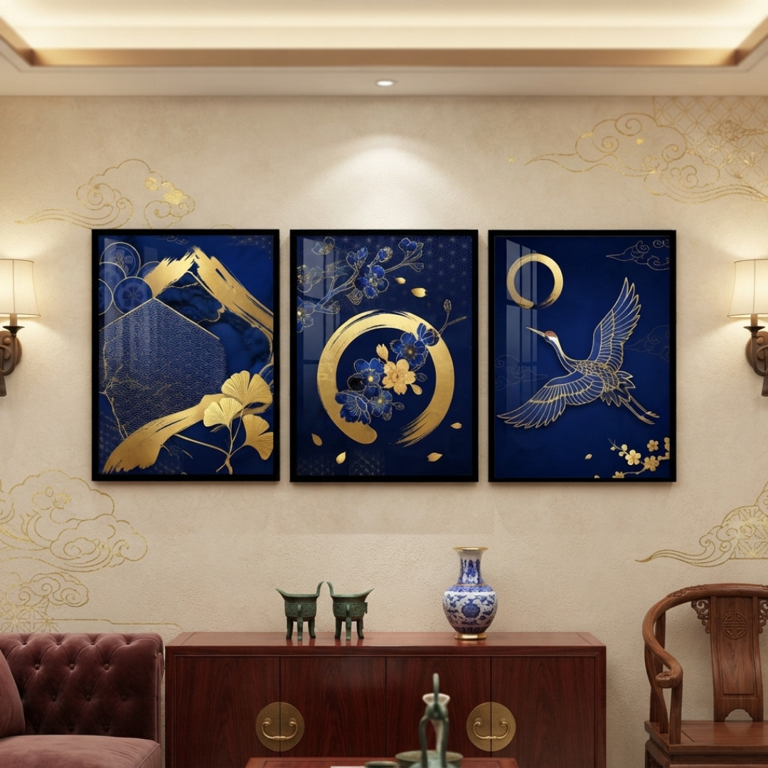 Japanese Crane & Gold Floral 3-Piece Wall Art Set