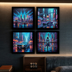 Cyberpunk Neon City & Cars 4-Piece Wall Art Set