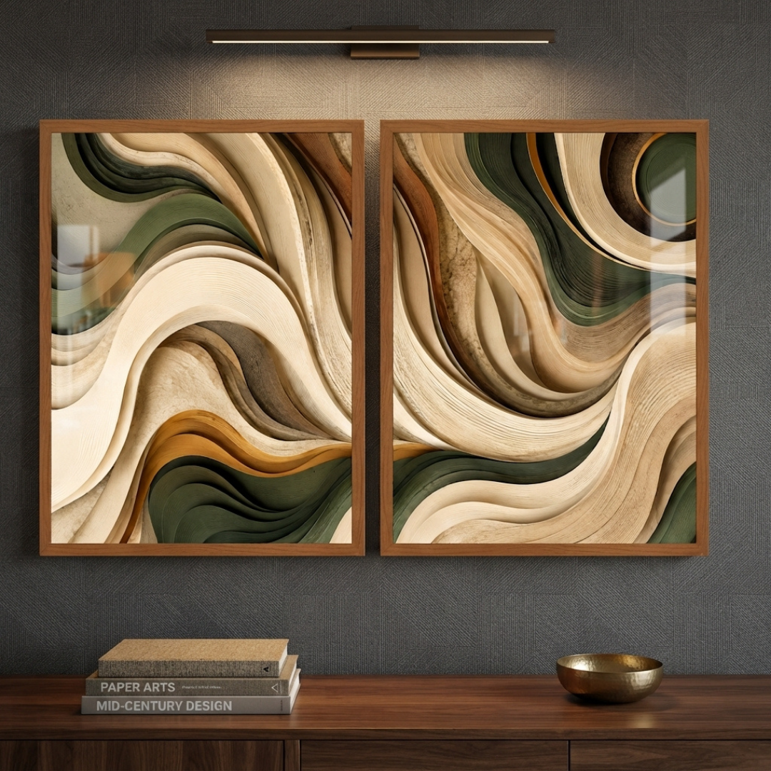 2-Piece Earthy Sage & Sand Abstract Wave Framed Wall Art Set