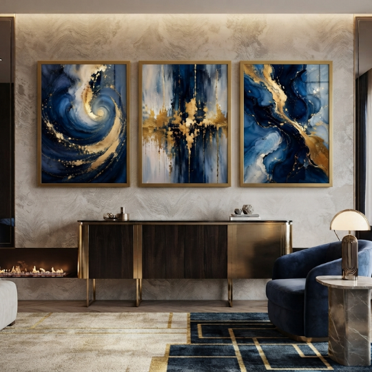 Navy & Gold Abstract Fluid 3-Piece Wall Art Set
