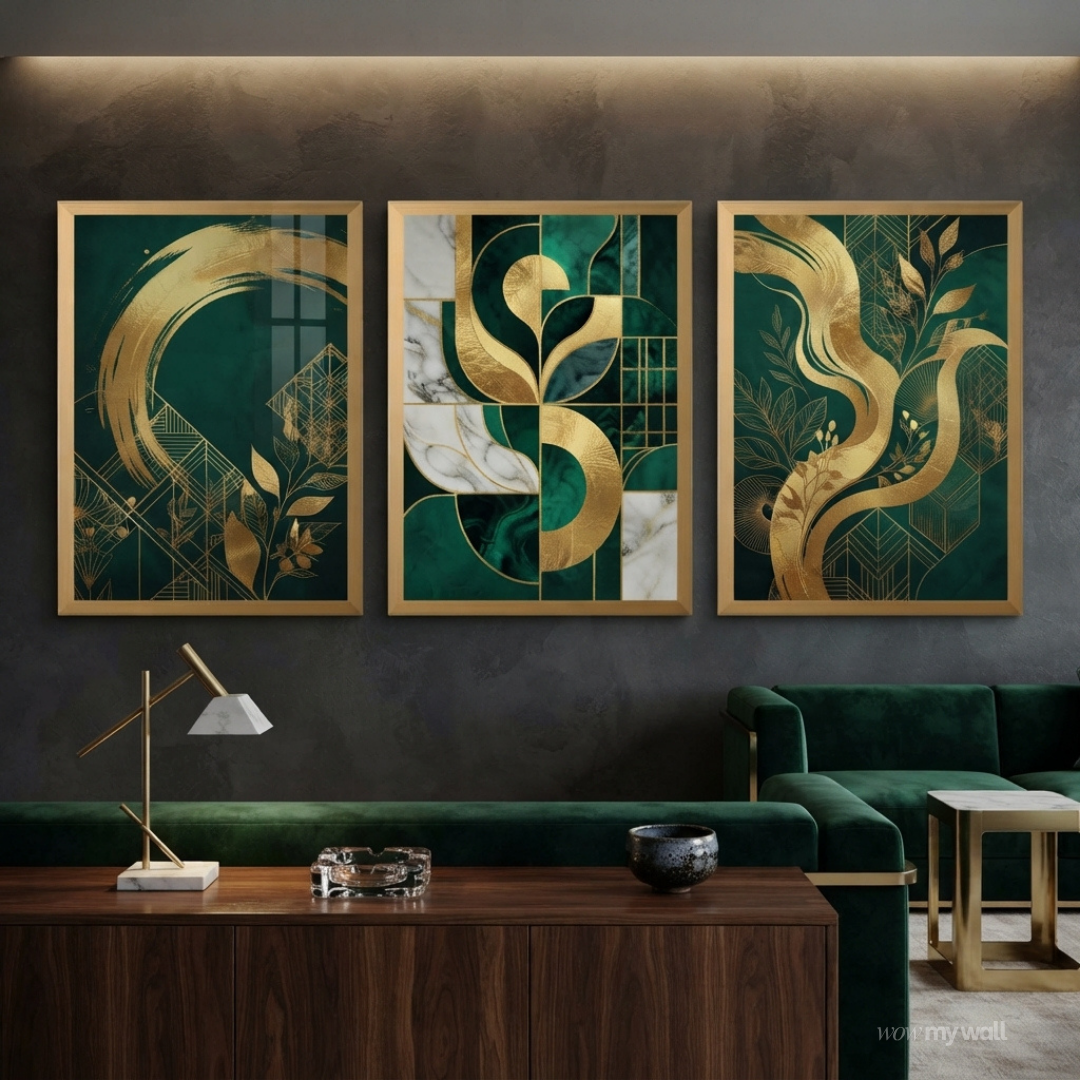 Emerald & Gold Abstract Canvas Art – Set of 3