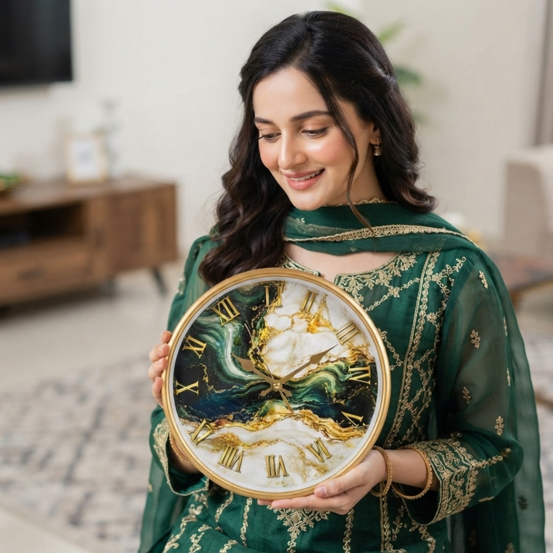 Emerald Green and Gold Marble Wall Clock