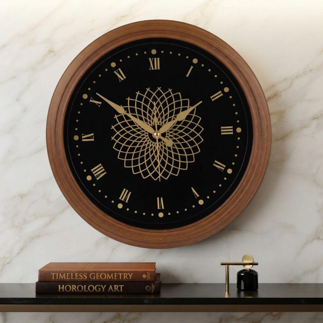 Wood Pattern  Wall Clock with Intricate Gold Mandala