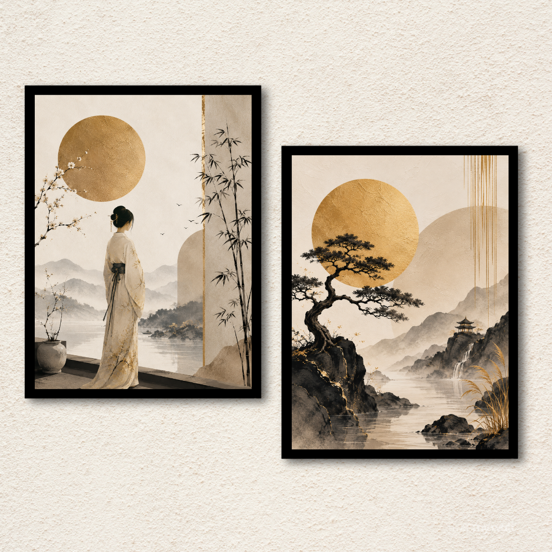 Japandi Landscape & Kimono Wall Art Set