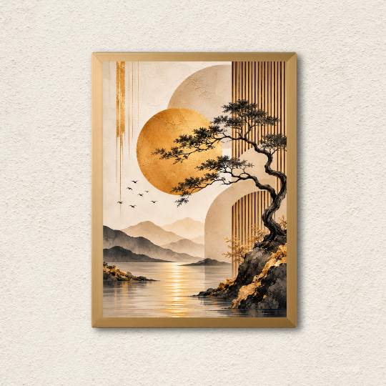 Japandi Golden Sun & Bonsai Landscape Wall Art