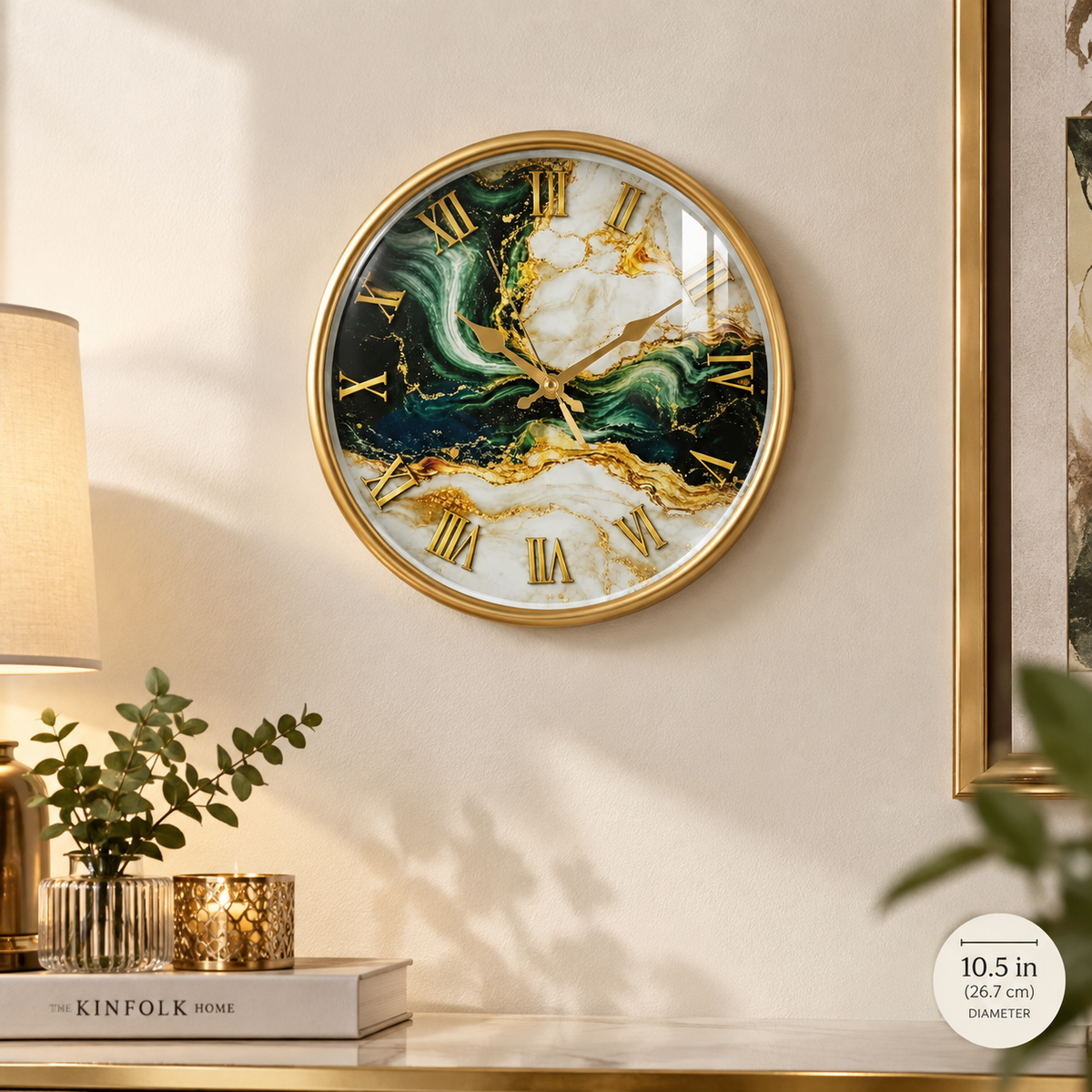 Emerald Green and Gold Marble Wall Clock