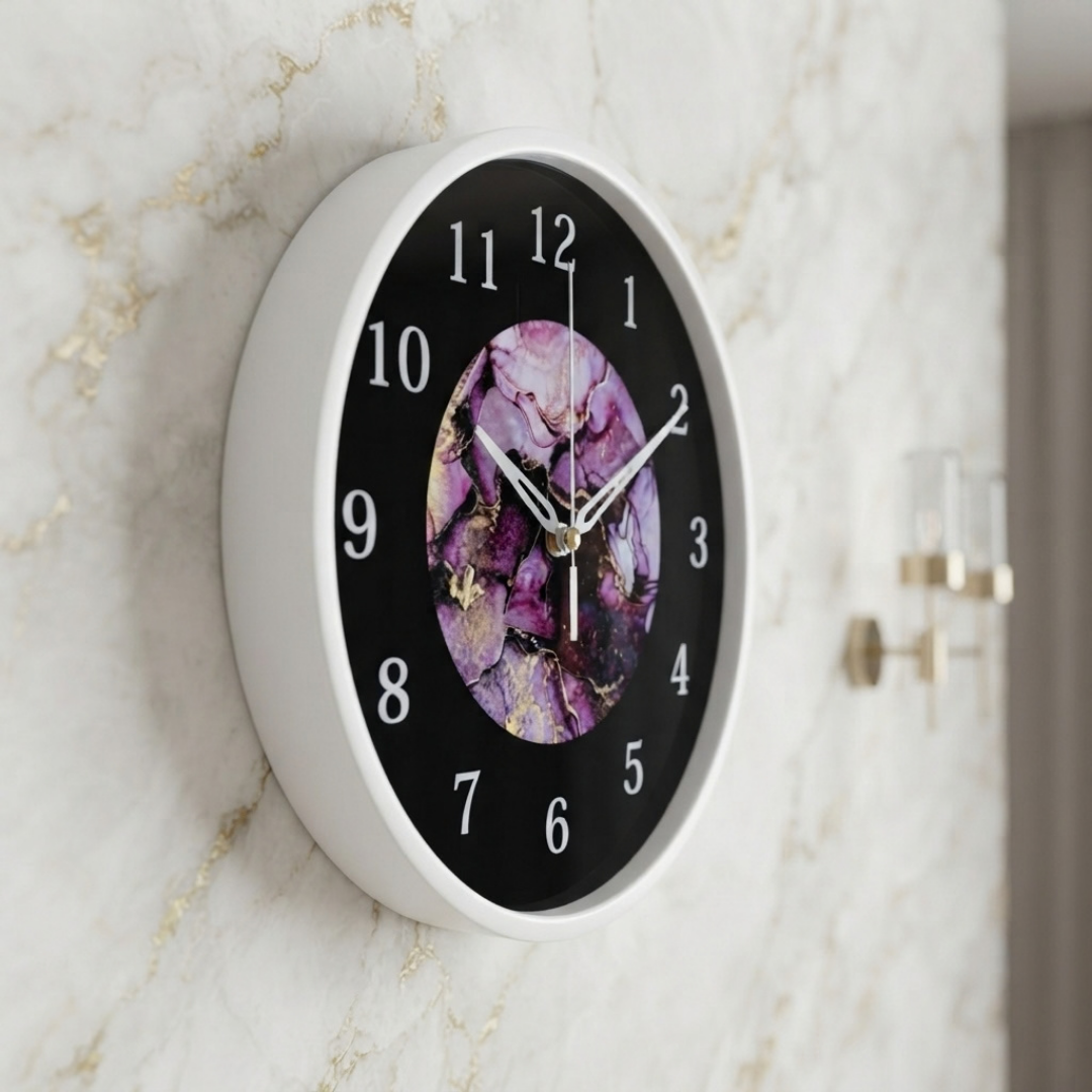 Purple Nebula Marble Print White Wall Clock