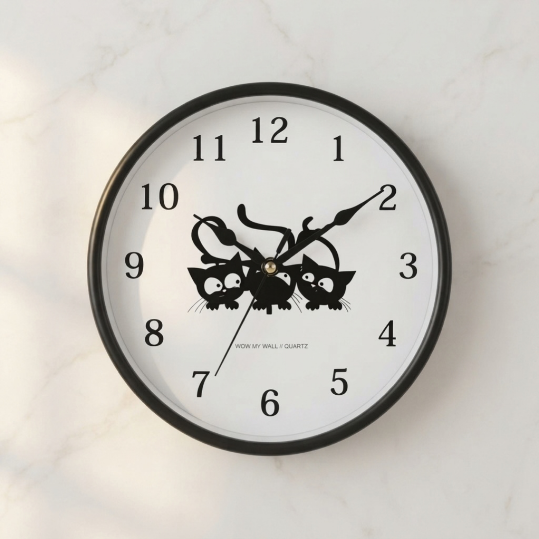 Playful Three Cats Silhouette Black Wall Clock