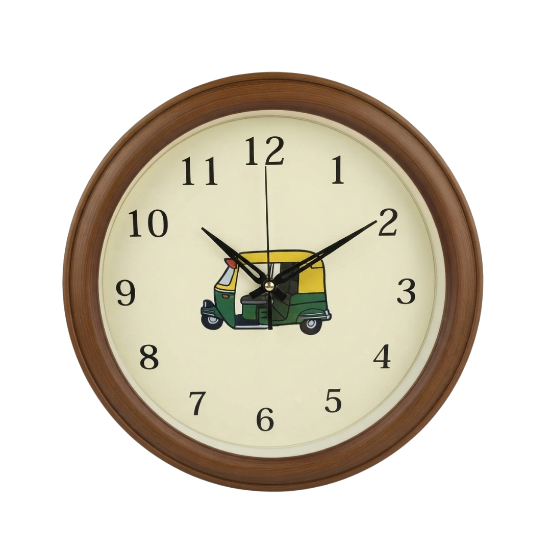 Cream Background Wood Pattern Wall Clock with Rickshaw Art
