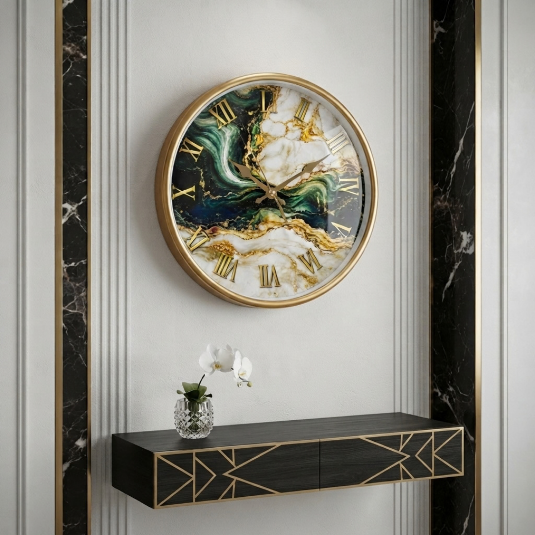 Emerald Green and Gold Marble Wall Clock