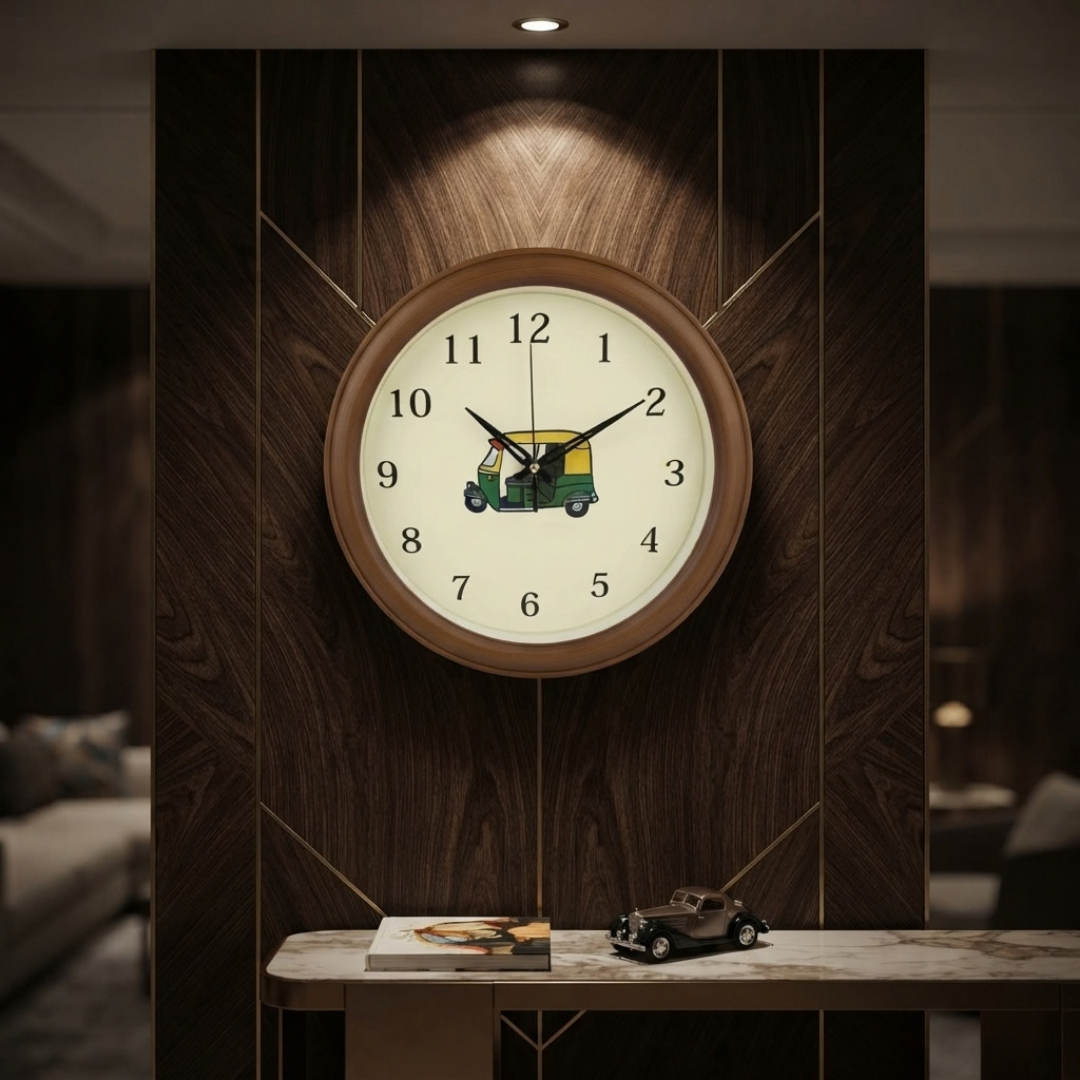Cream Background Wood Pattern Wall Clock with Rickshaw Art