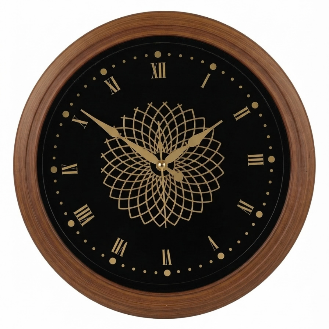 Wood Pattern  Wall Clock with Intricate Gold Mandala