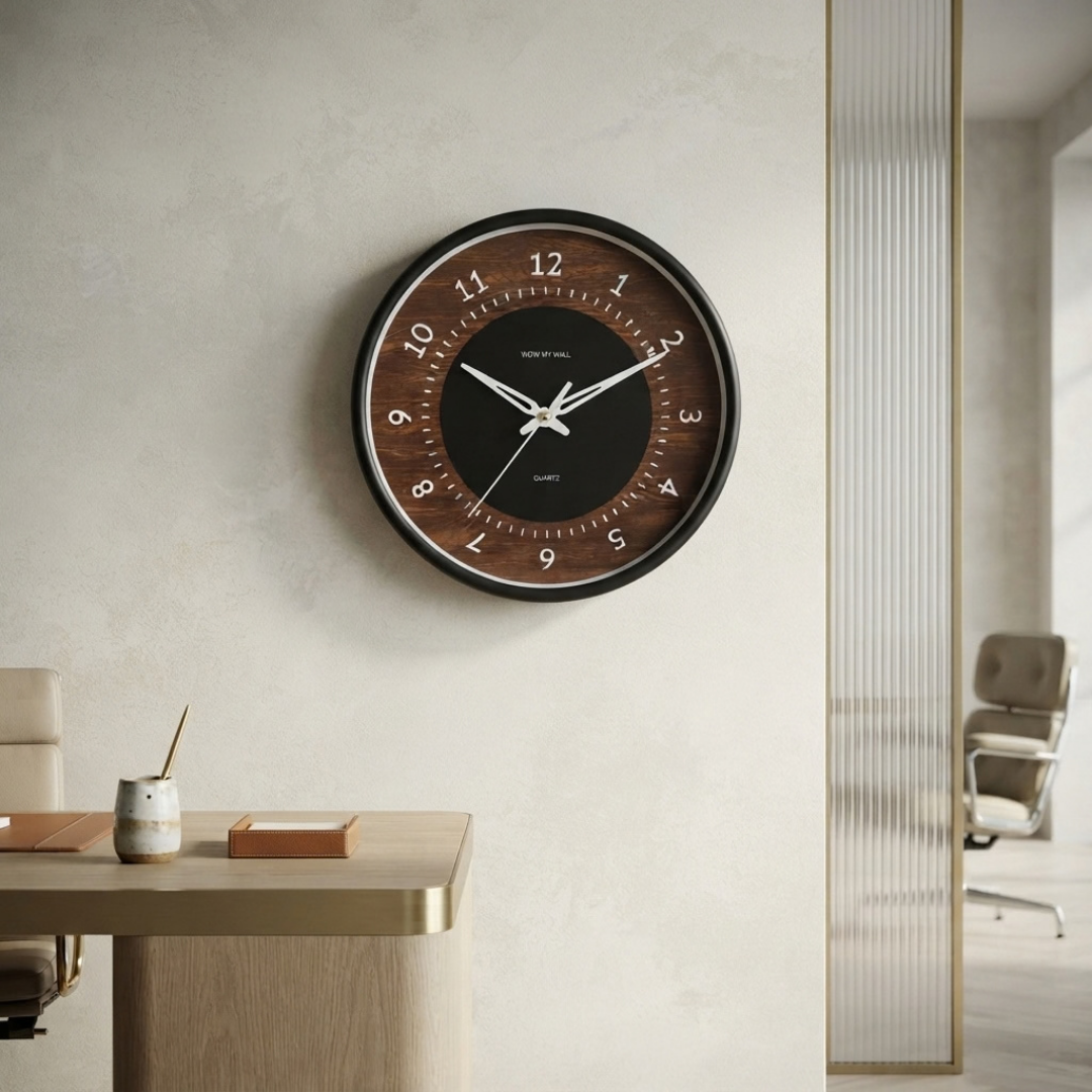 Black Wall Clock with Wood Pattern Inner Design