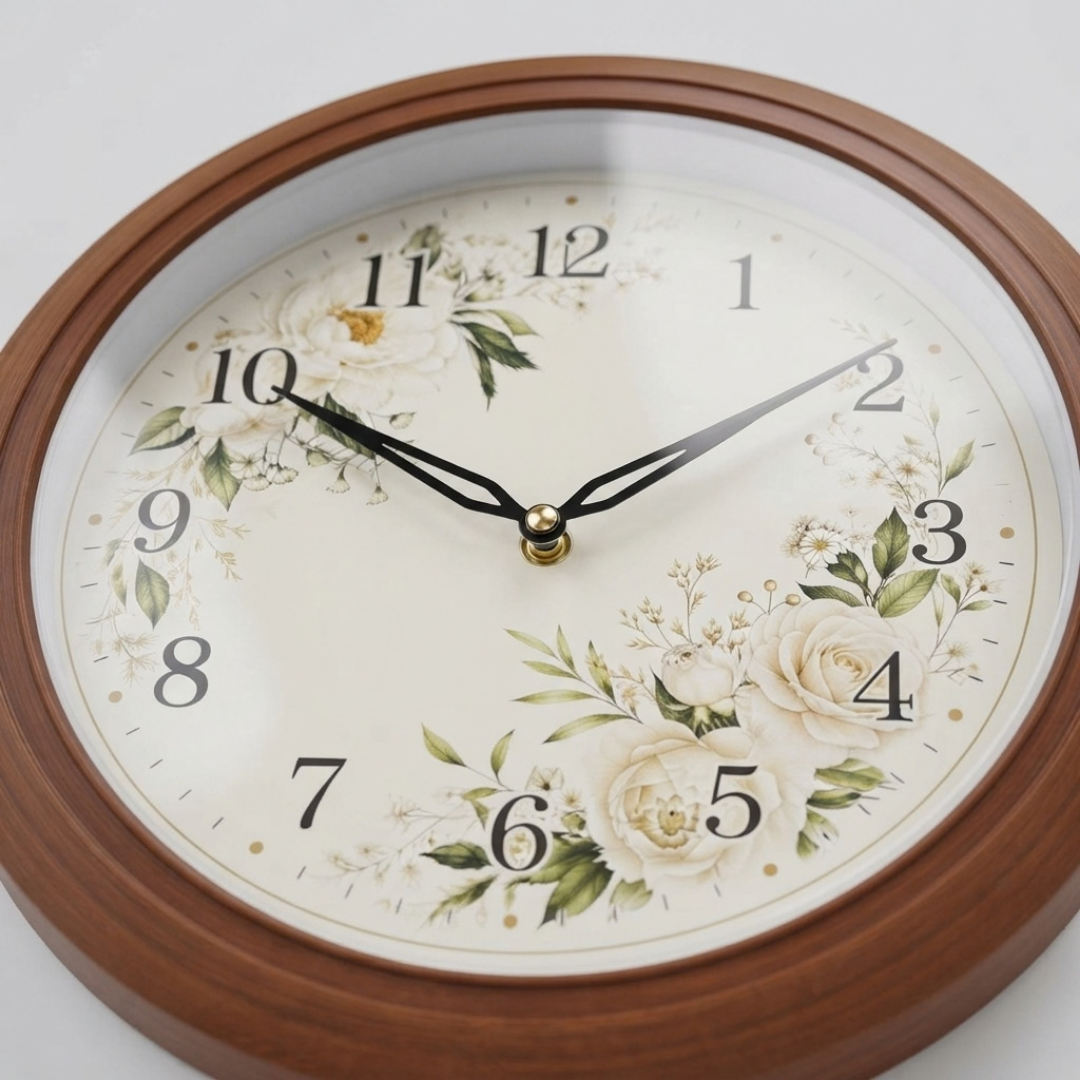 Botanical Floral Wreath Wood Pattern Wall Clock