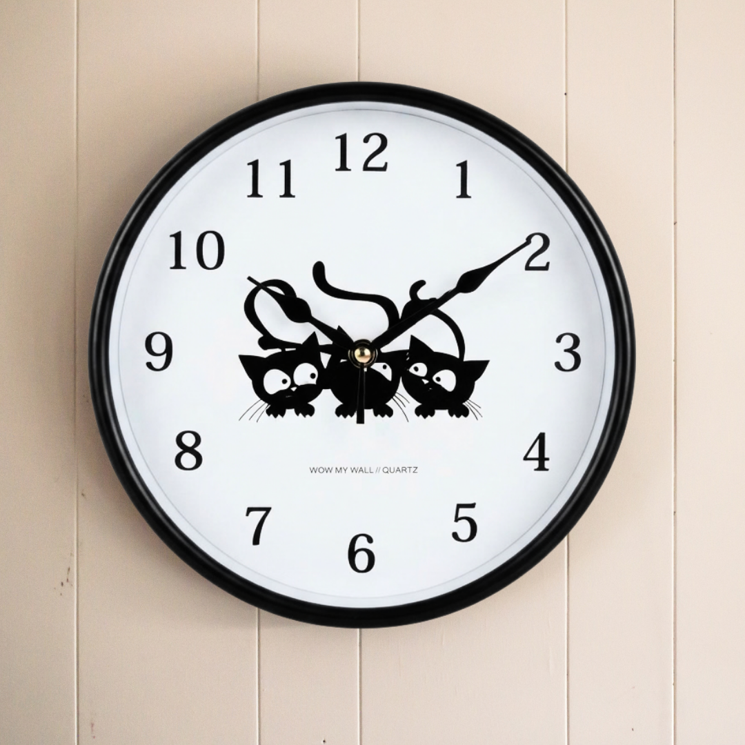 Playful Three Cats Silhouette Black Wall Clock