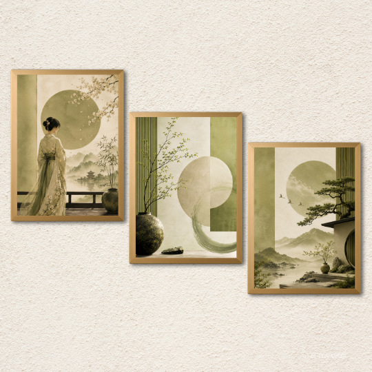 Sage Green Oriental Landscape 3-Piece Wall Art Set