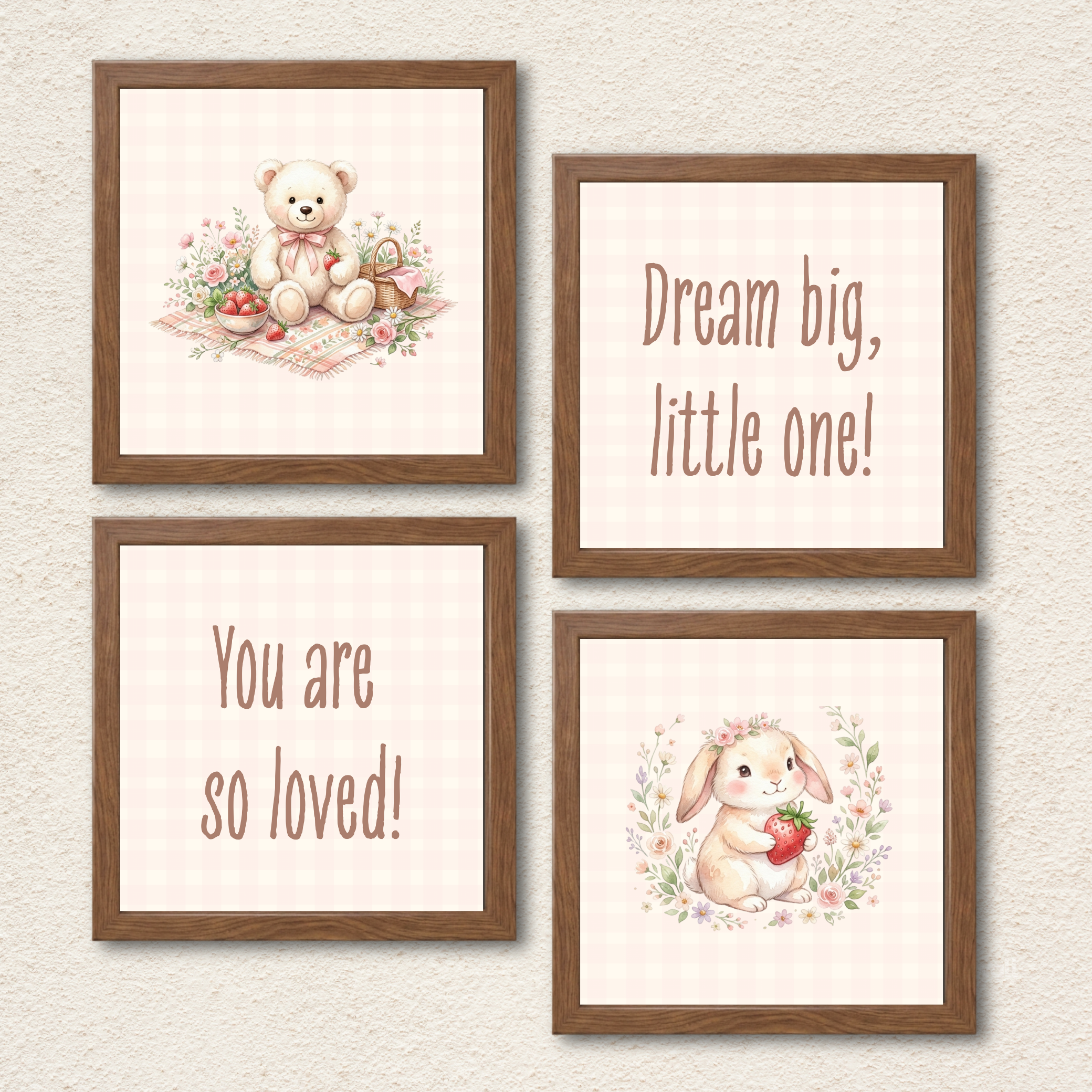 Teddy Bear & Bunny Wall Art – Set of 4 Pink Nursery Prints