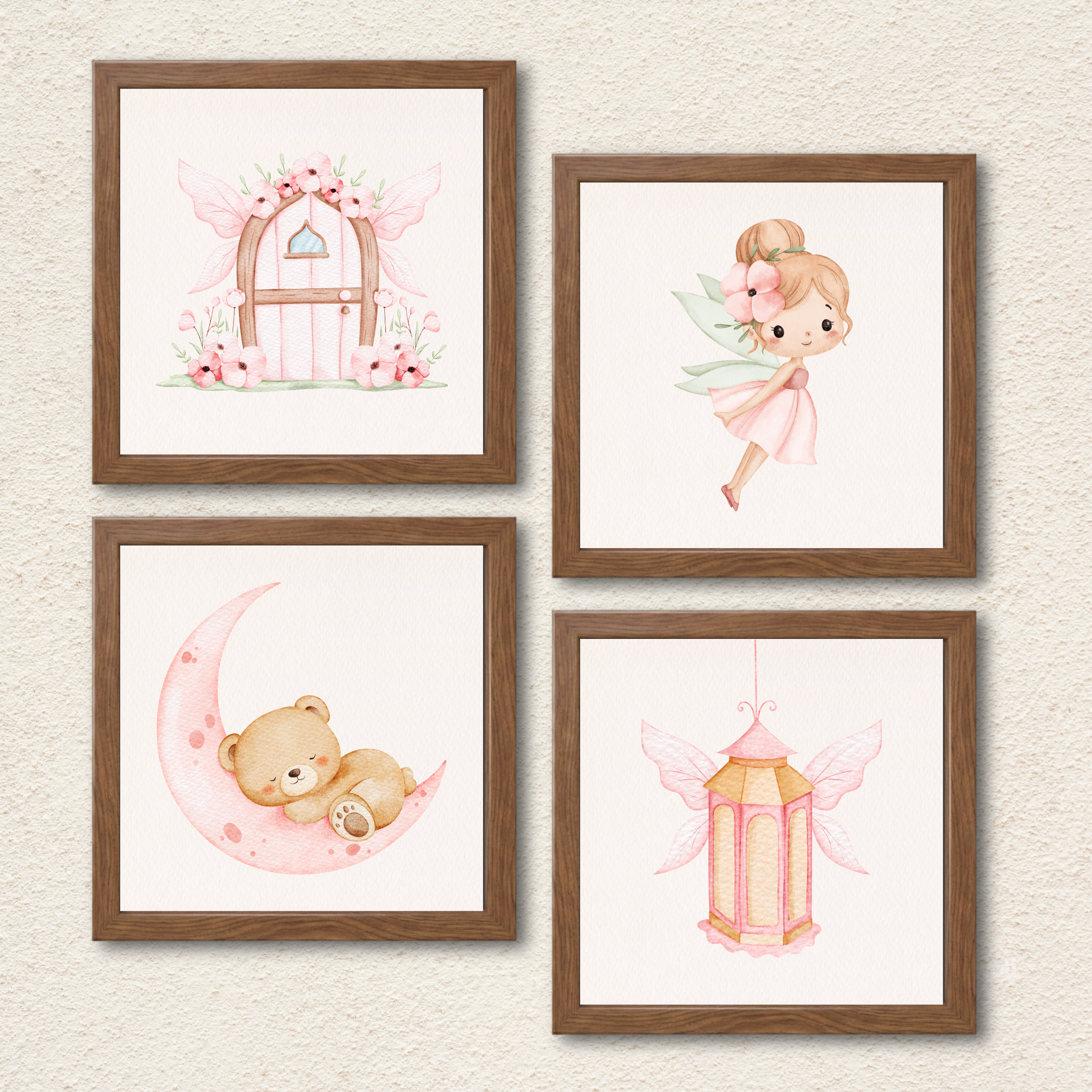 Fairy & Sleeping Bear Wall Art – Set of 4 Pink Nursery Prints