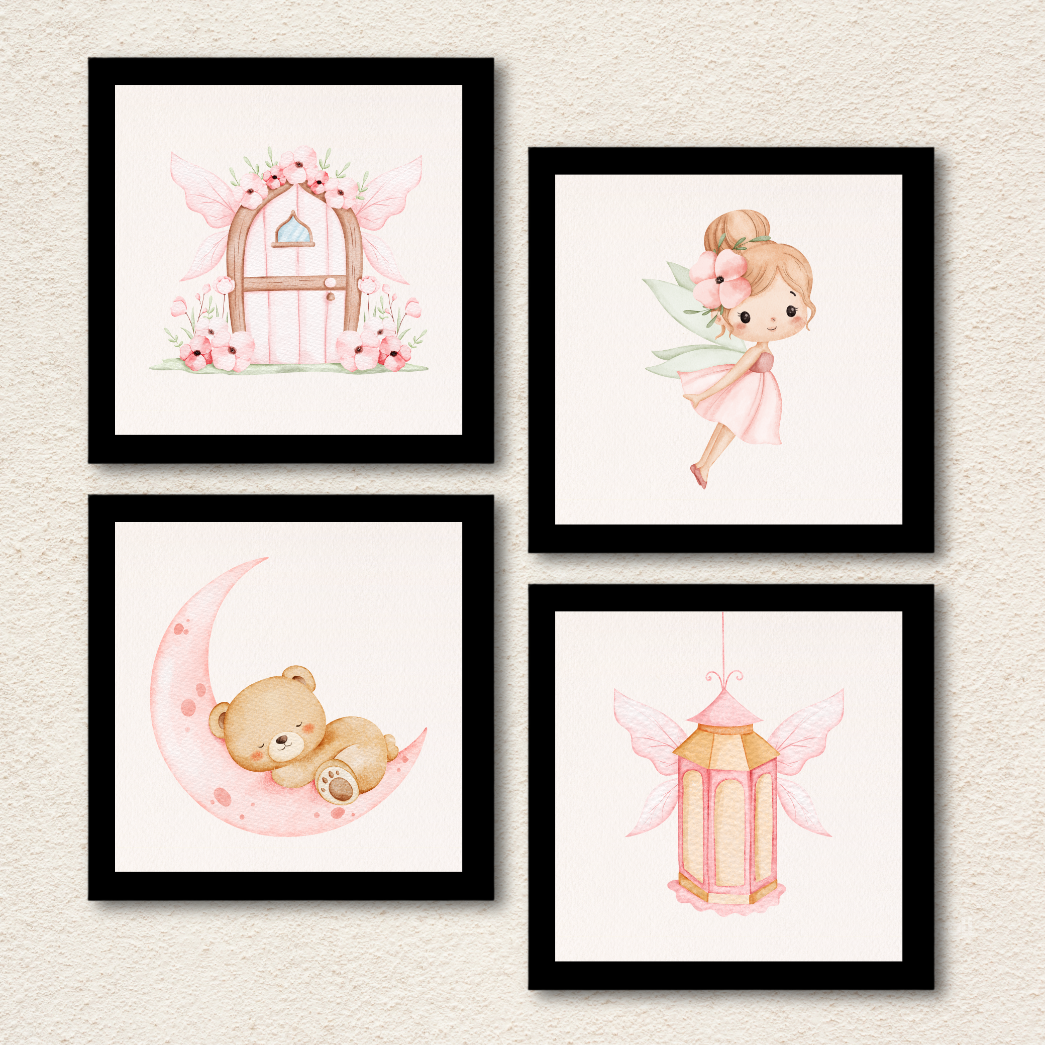 Fairy & Sleeping Bear Wall Art – Set of 4 Pink Nursery Prints