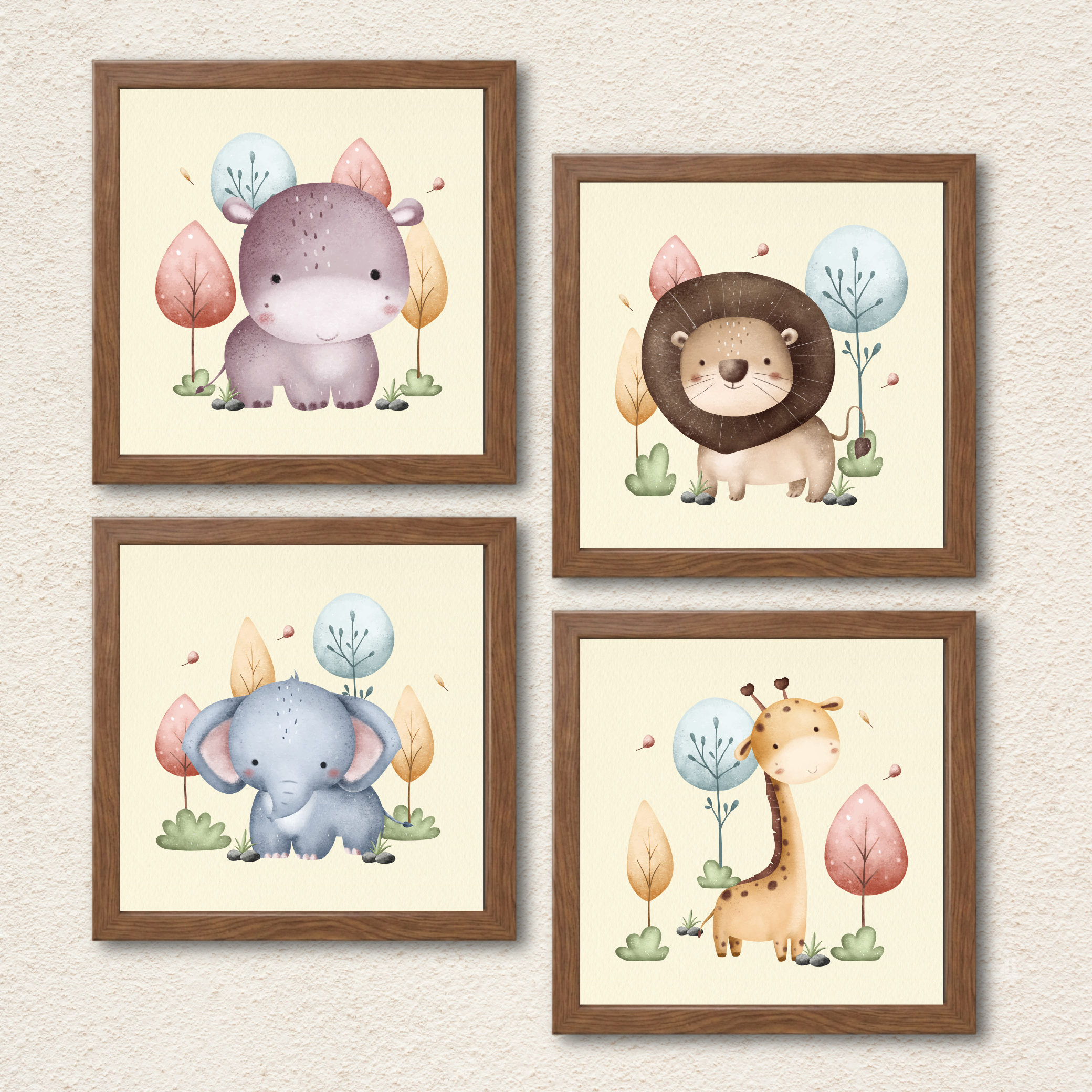 Safari Animals Wall Art – Set of 4 Cute Jungle Nursery Prints