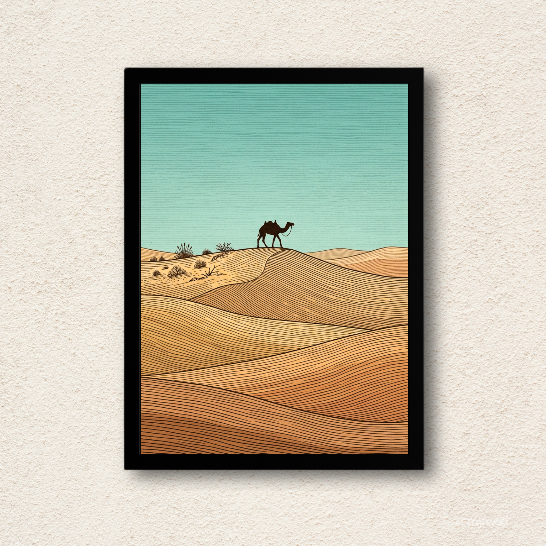 "Desert Wanderer" Minimalist Camel & Dunes Wall Art