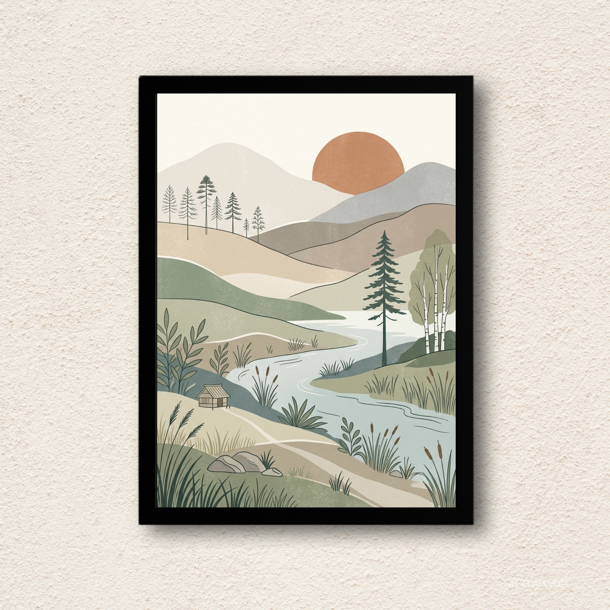 River Valley Retreat Minimalist Boho Landscape Wall Art
