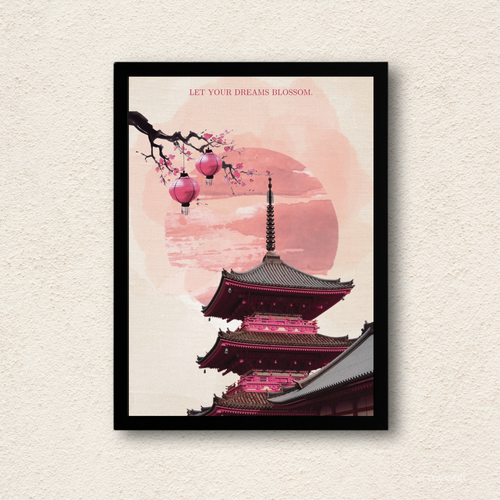 Blossoming Dreams Japanese Pagoda Wall Art Frame