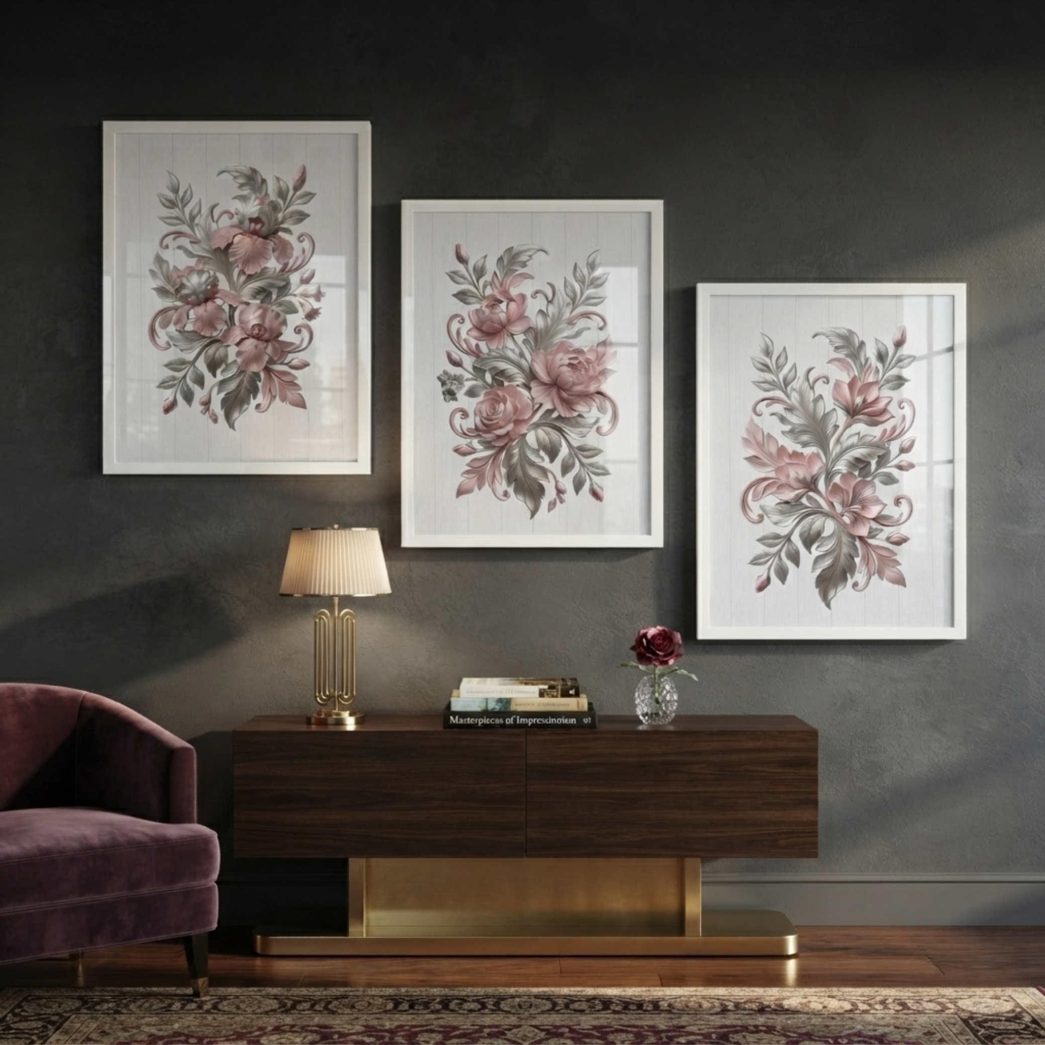 3-Piece Vintage Dusty Pink Floral Wall Frame Set