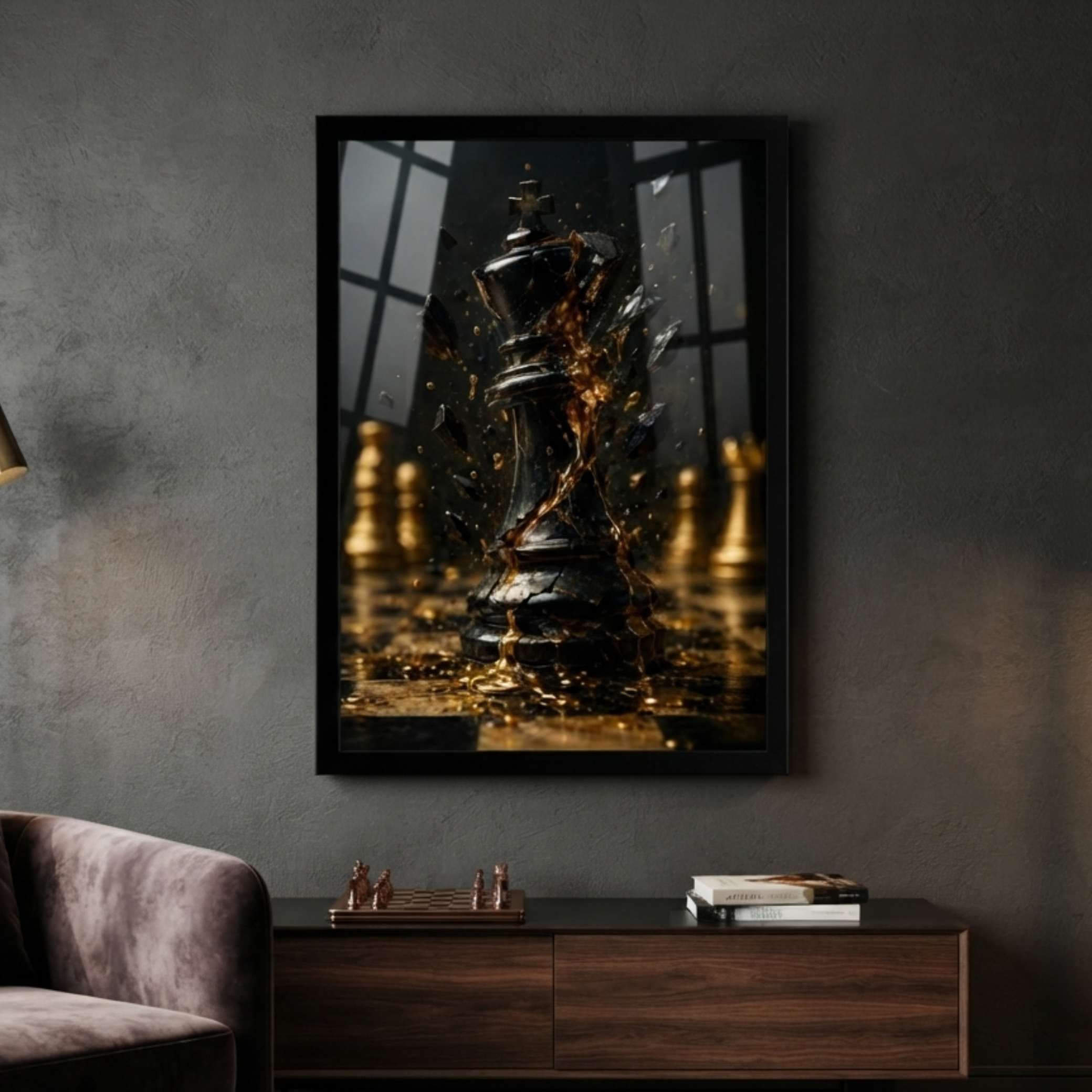 Shattered Gold King Chess Framed Wall Art