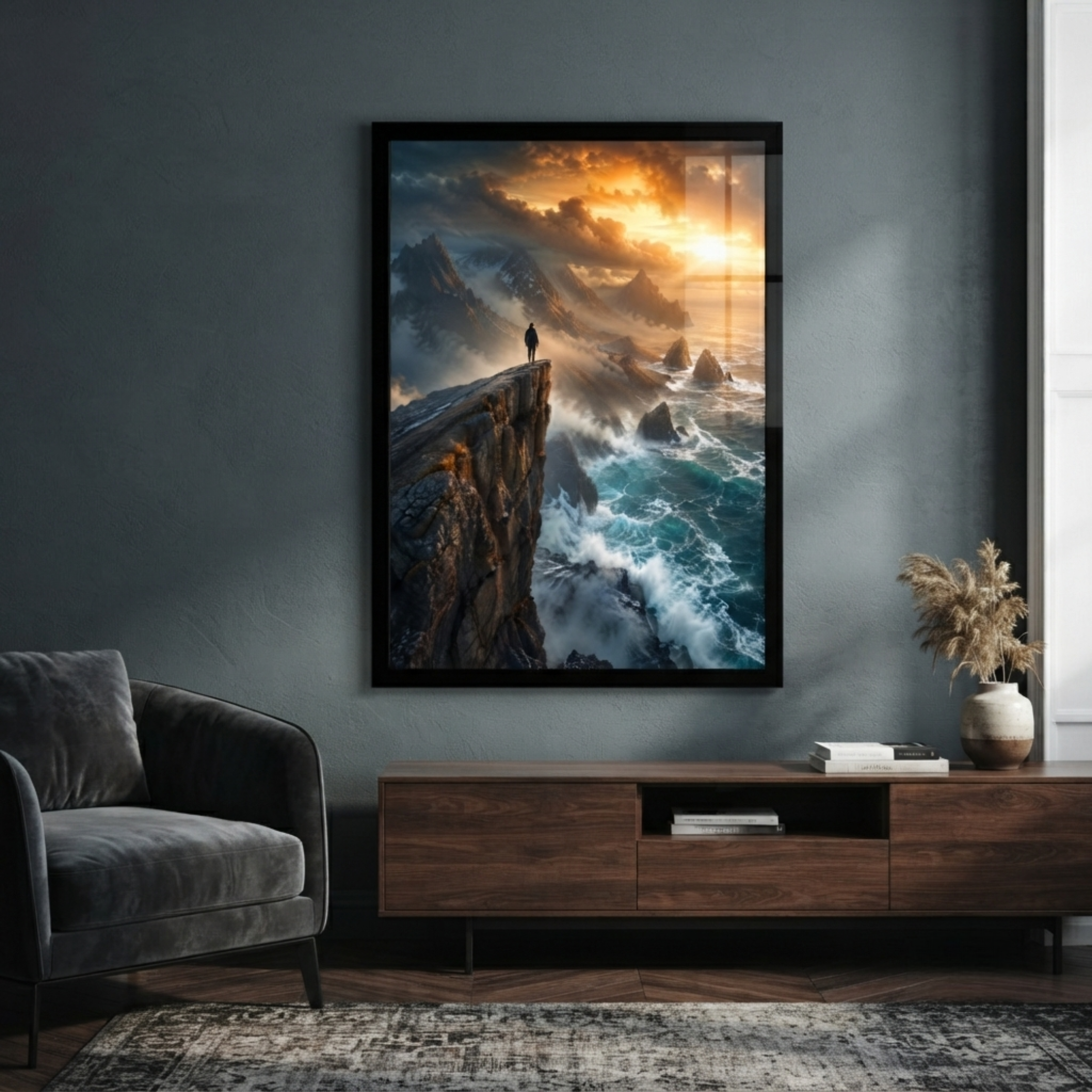 Dramatic Ocean Cliff & Mountain Sunset Framed Wall Art