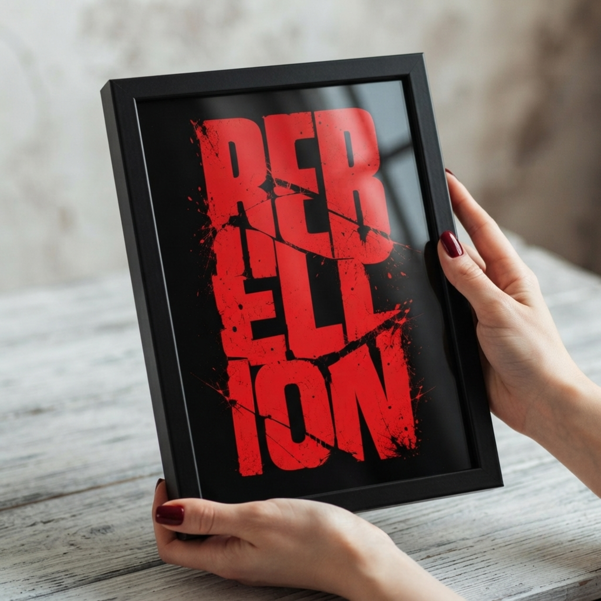 "Rebellion" Distressed Red Typography Framed Wall Art