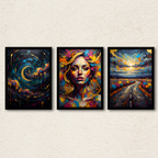 Midnight Gold Palette Bloom | Modern Abstract 3-Panel Wall Art