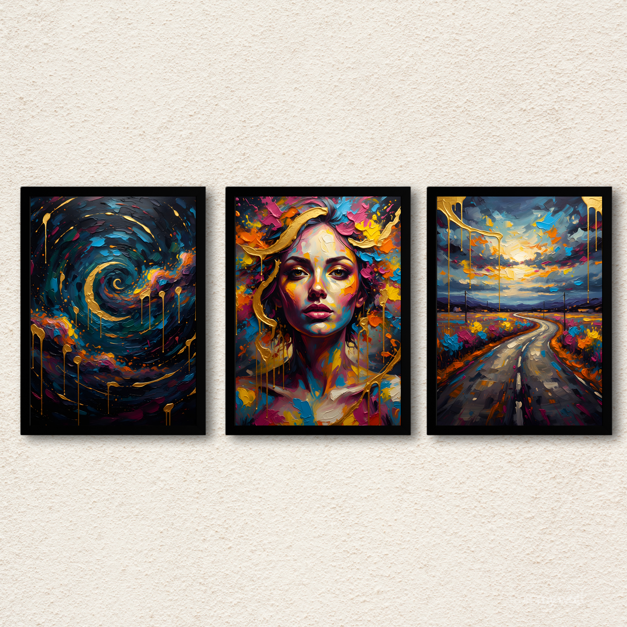 Midnight Gold Palette Bloom | Modern Abstract 3-Panel Wall Art