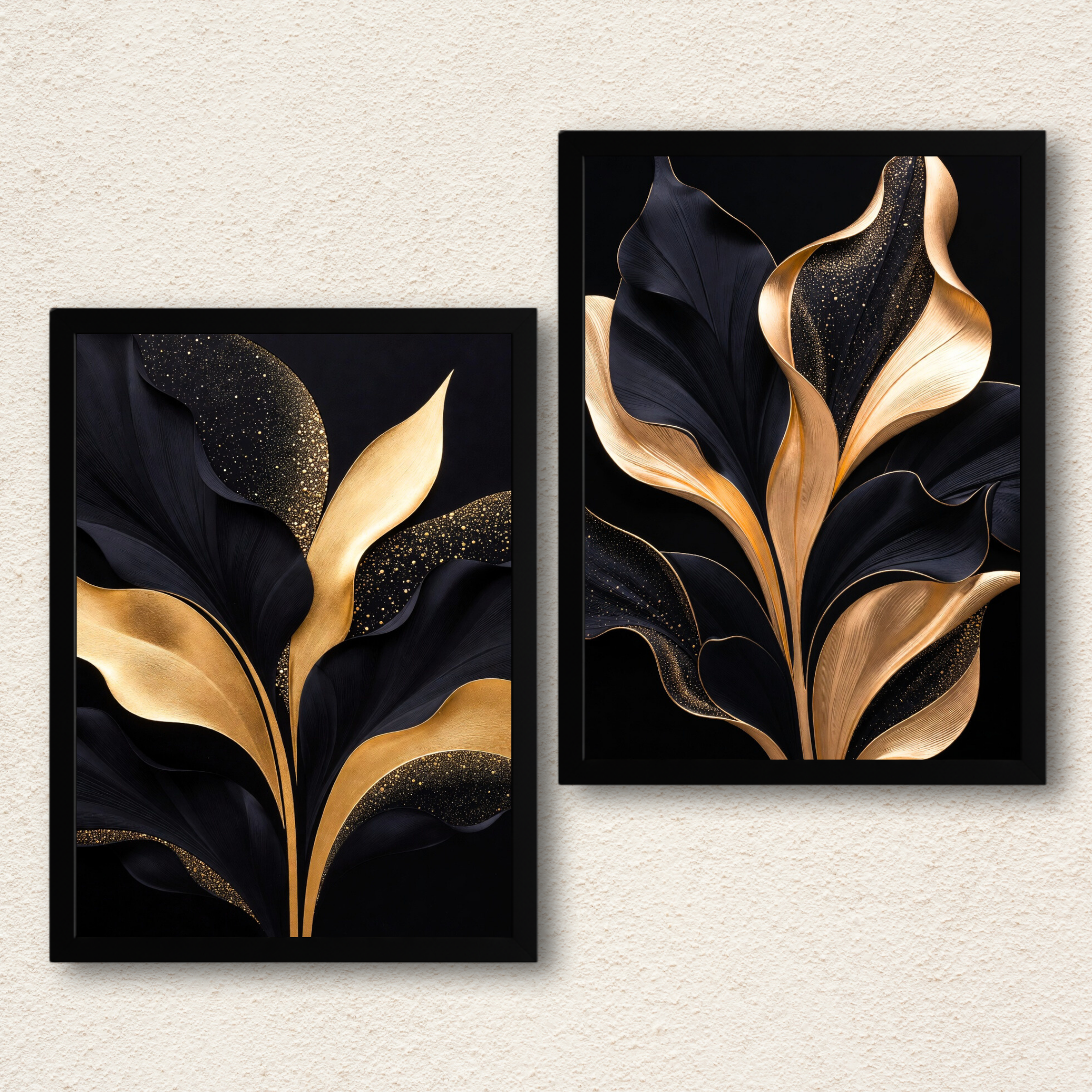 Golden Onyx Foliage – 2-Panel Regal Botanical Aesthetic Set