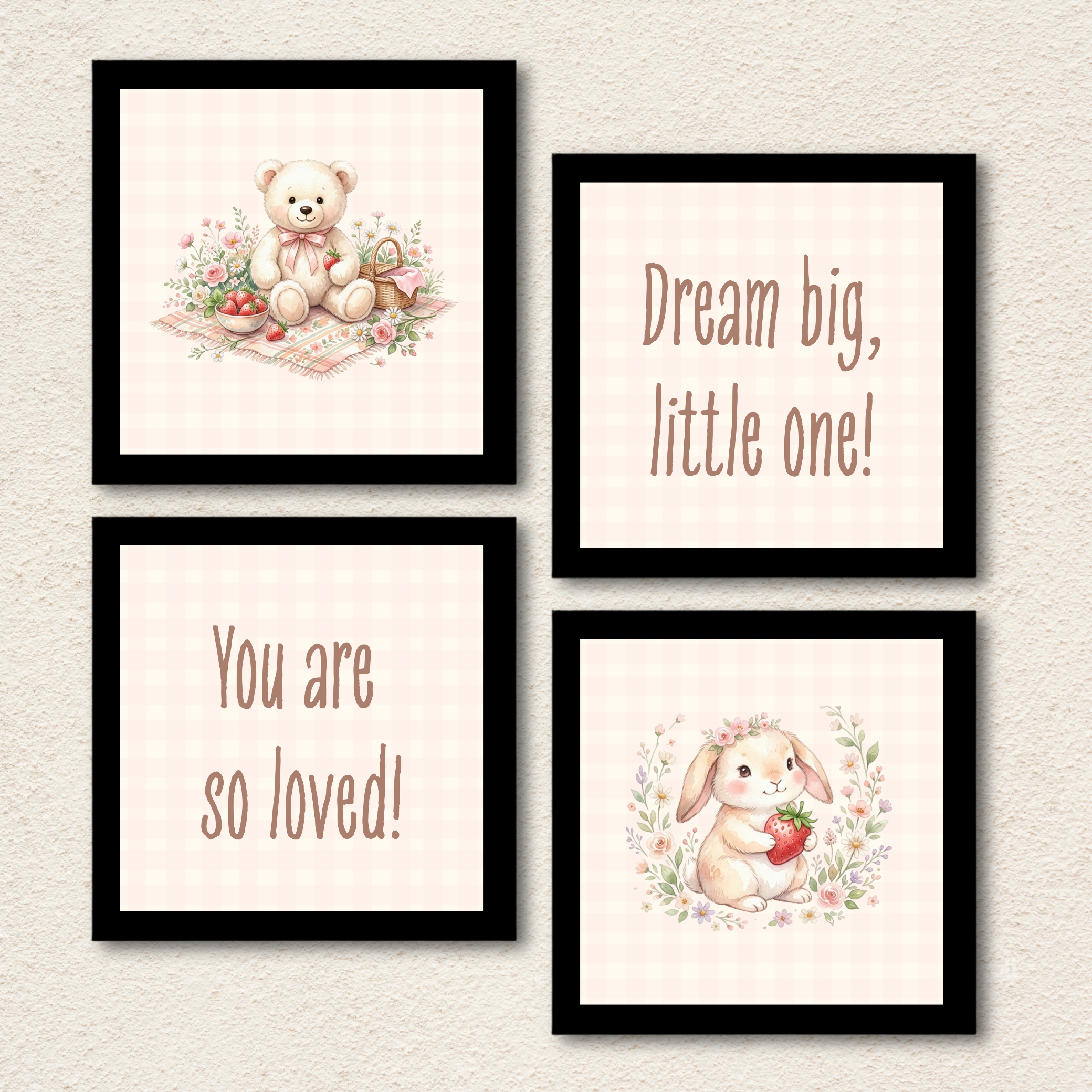 Teddy Bear & Bunny Wall Art – Set of 4 Pink Nursery Prints