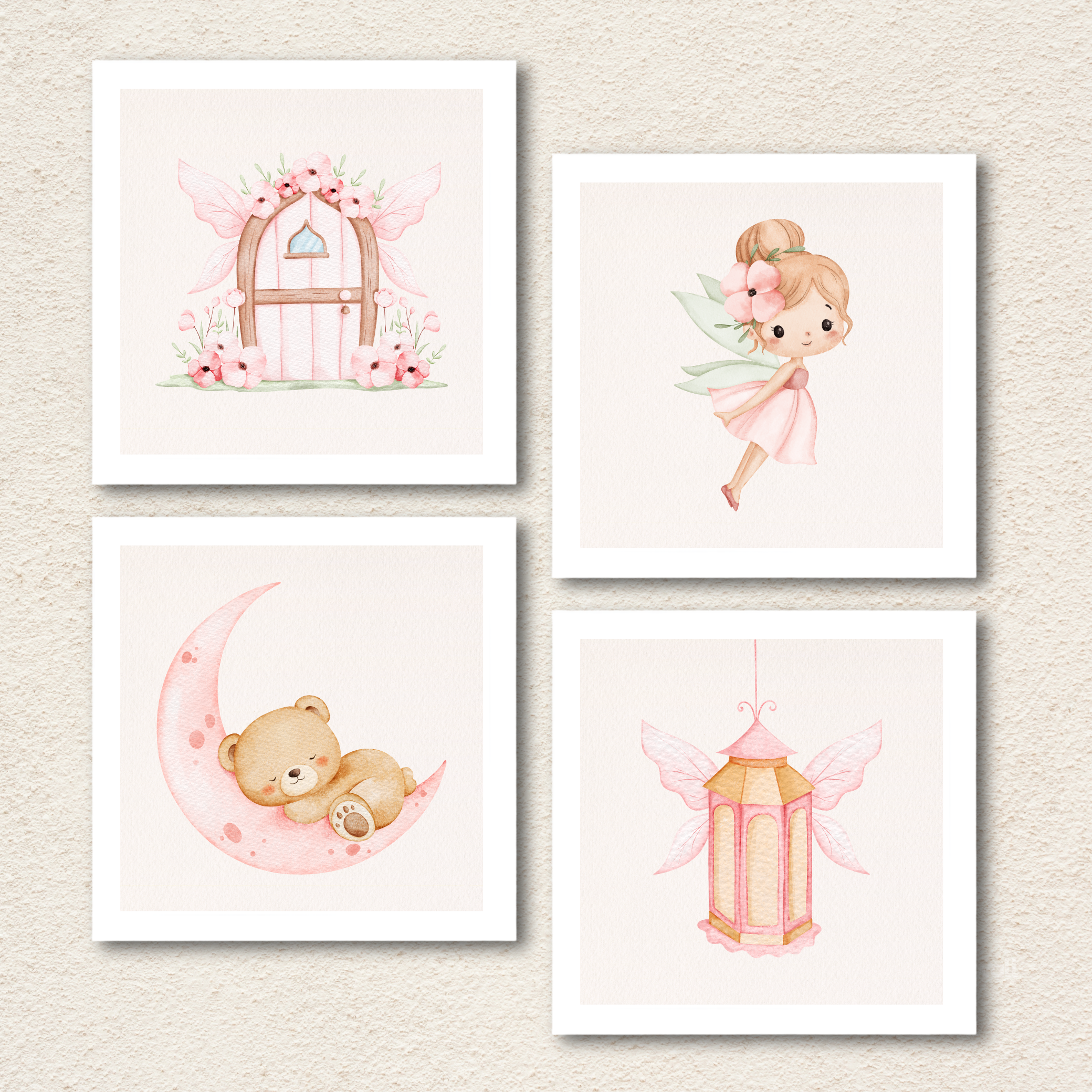Fairy & Sleeping Bear Wall Art – Set of 4 Pink Nursery Prints