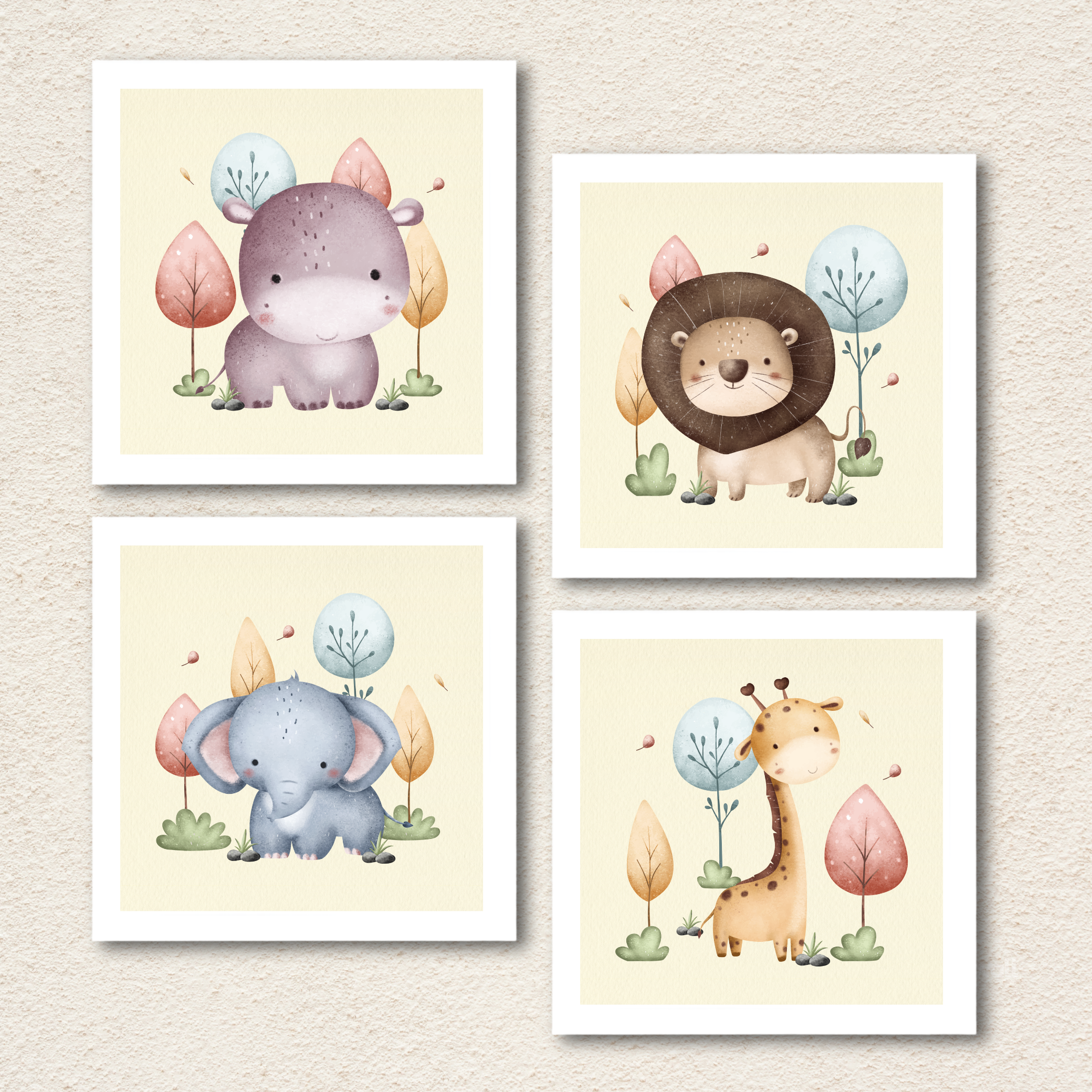 Safari Animals Wall Art – Set of 4 Cute Jungle Nursery Prints