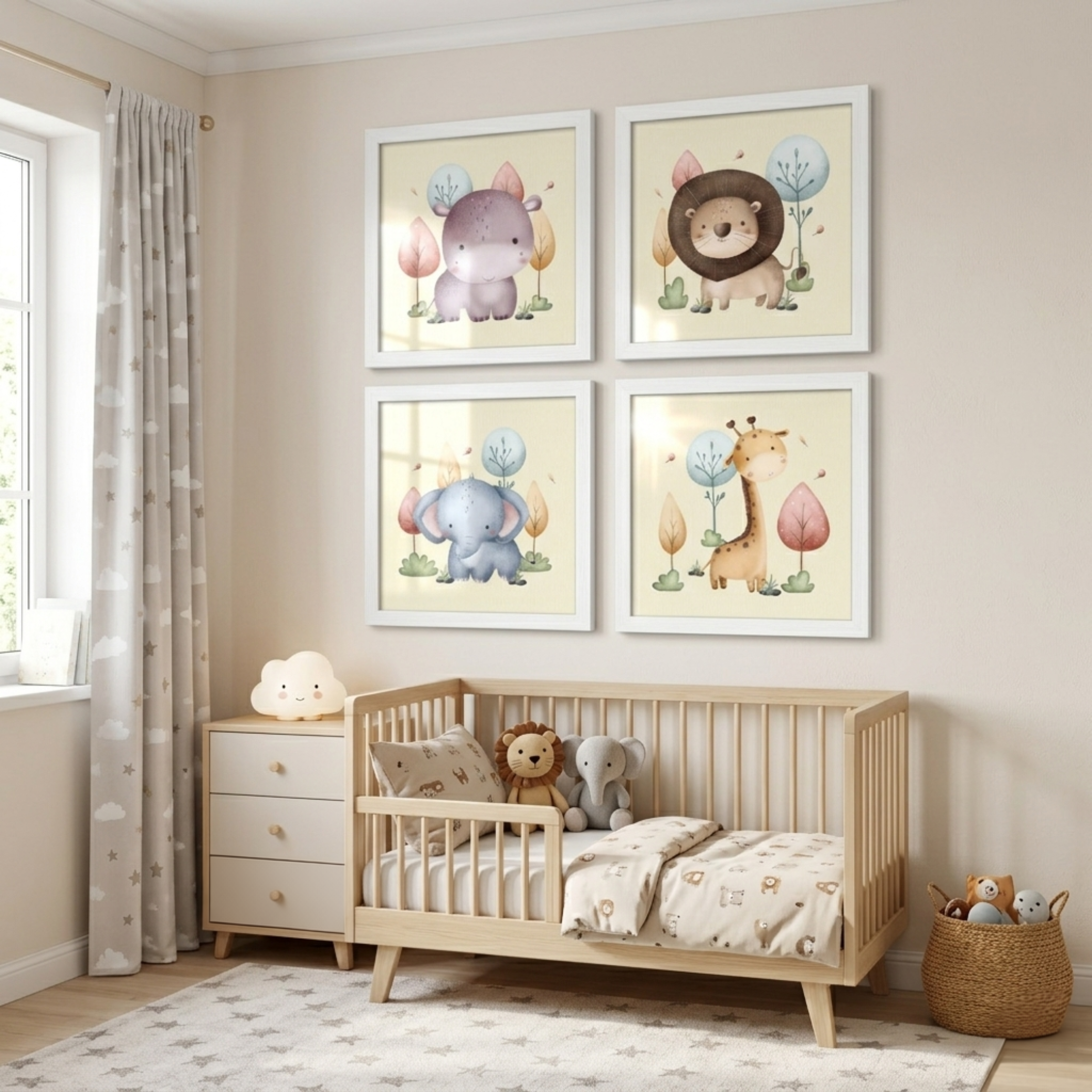 Safari Animals Wall Art – Set of 4 Cute Jungle Nursery Prints