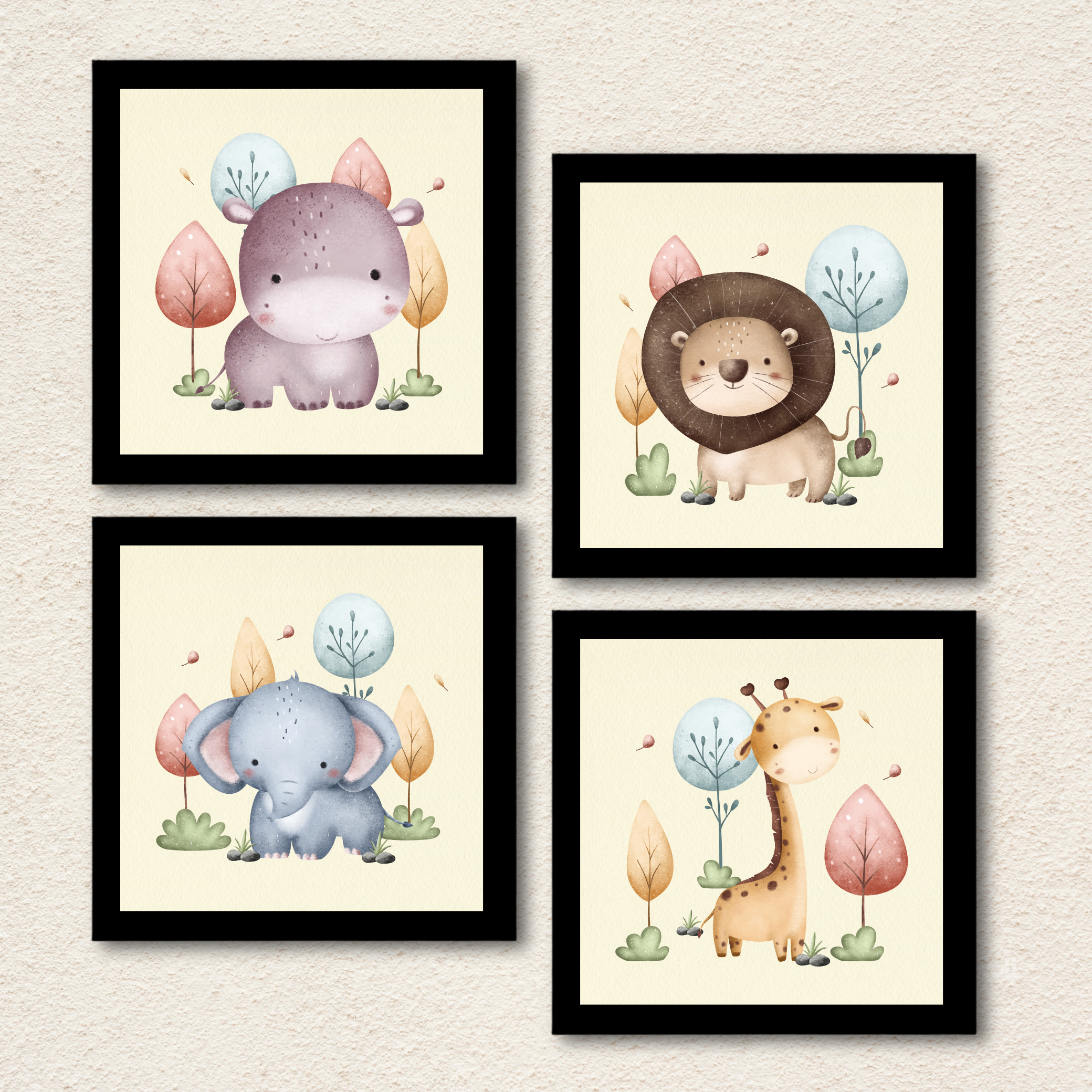 Safari Animals Wall Art – Set of 4 Cute Jungle Nursery Prints