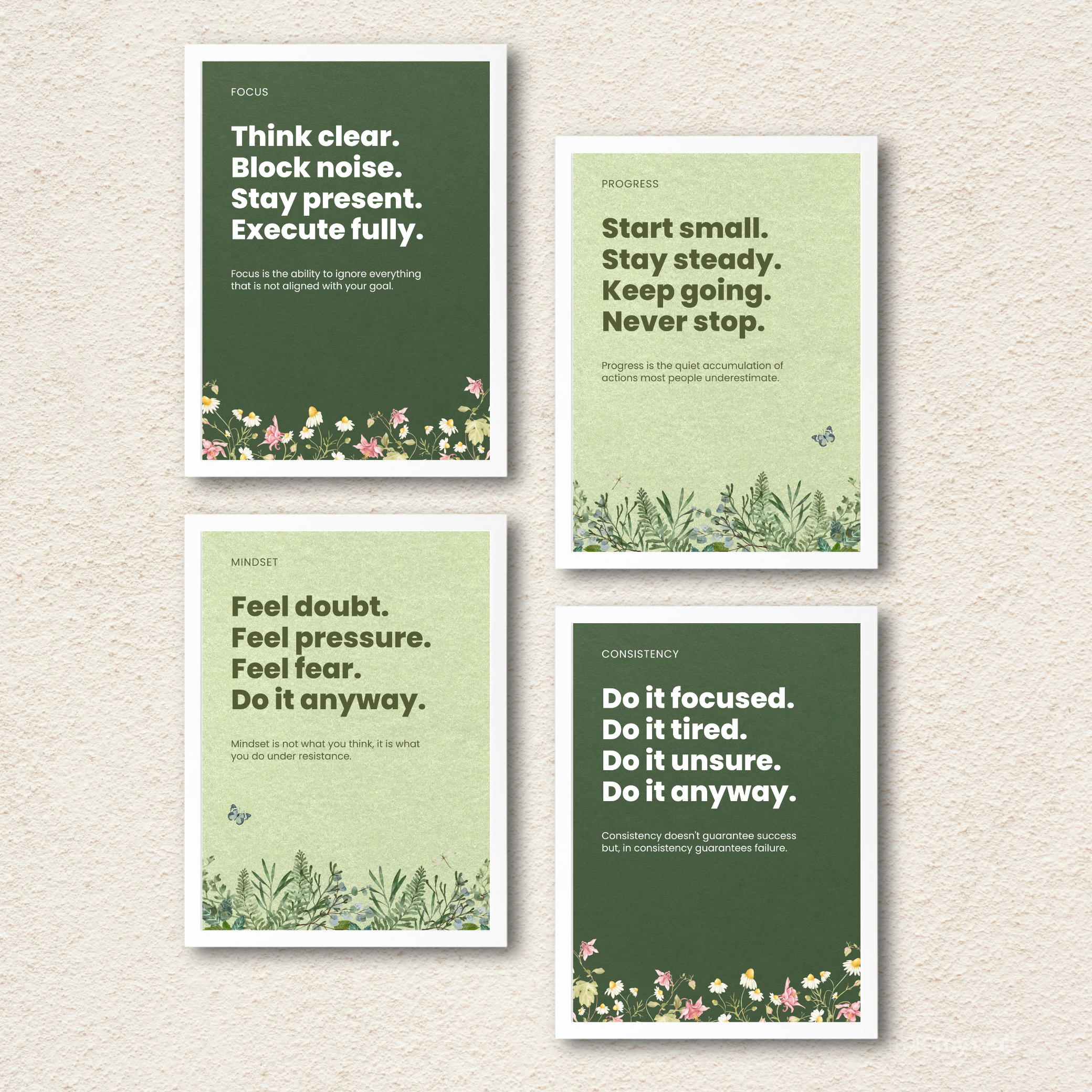 Botanical Motivational Wall Art Set – 4-Piece Sage Green Inspirational Quotes Canvas Prints for Office, Bedroom & Wellness Decor