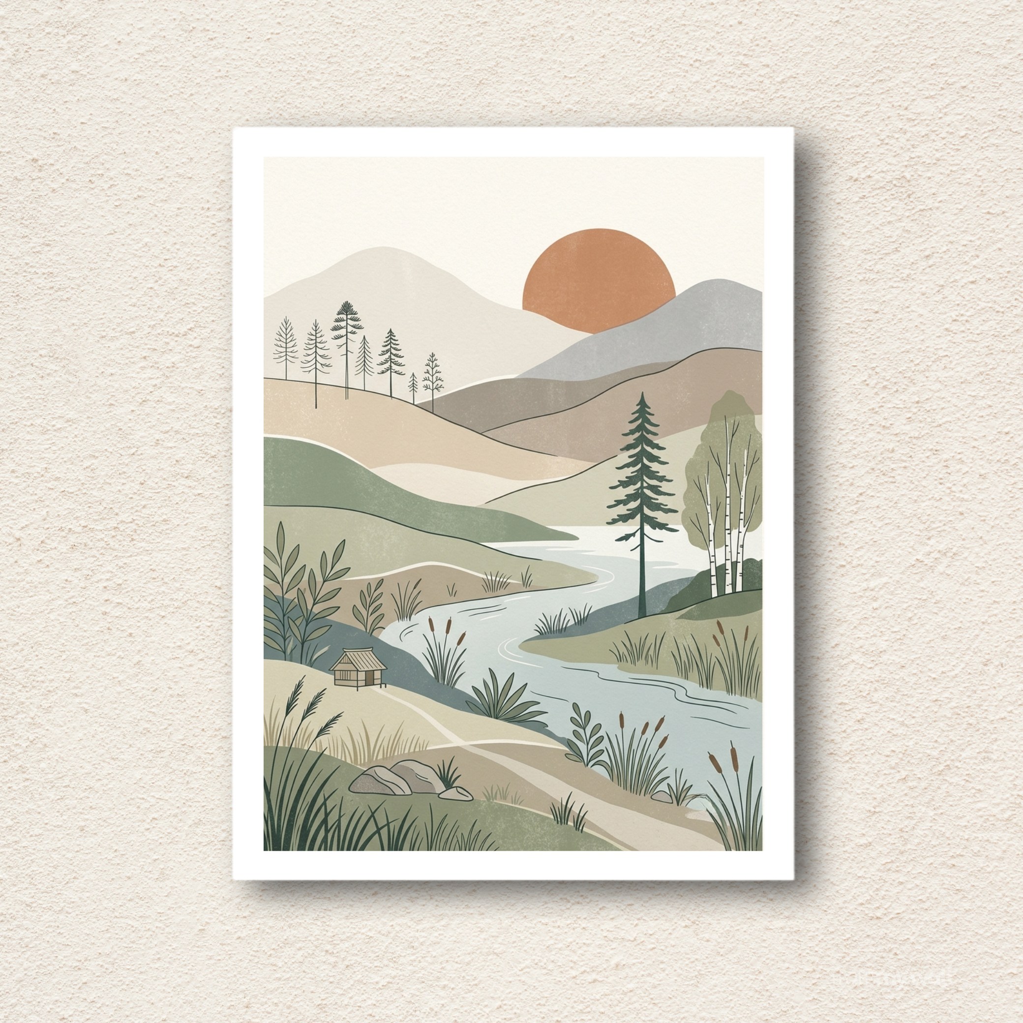 River Valley Retreat Minimalist Boho Landscape Wall Art