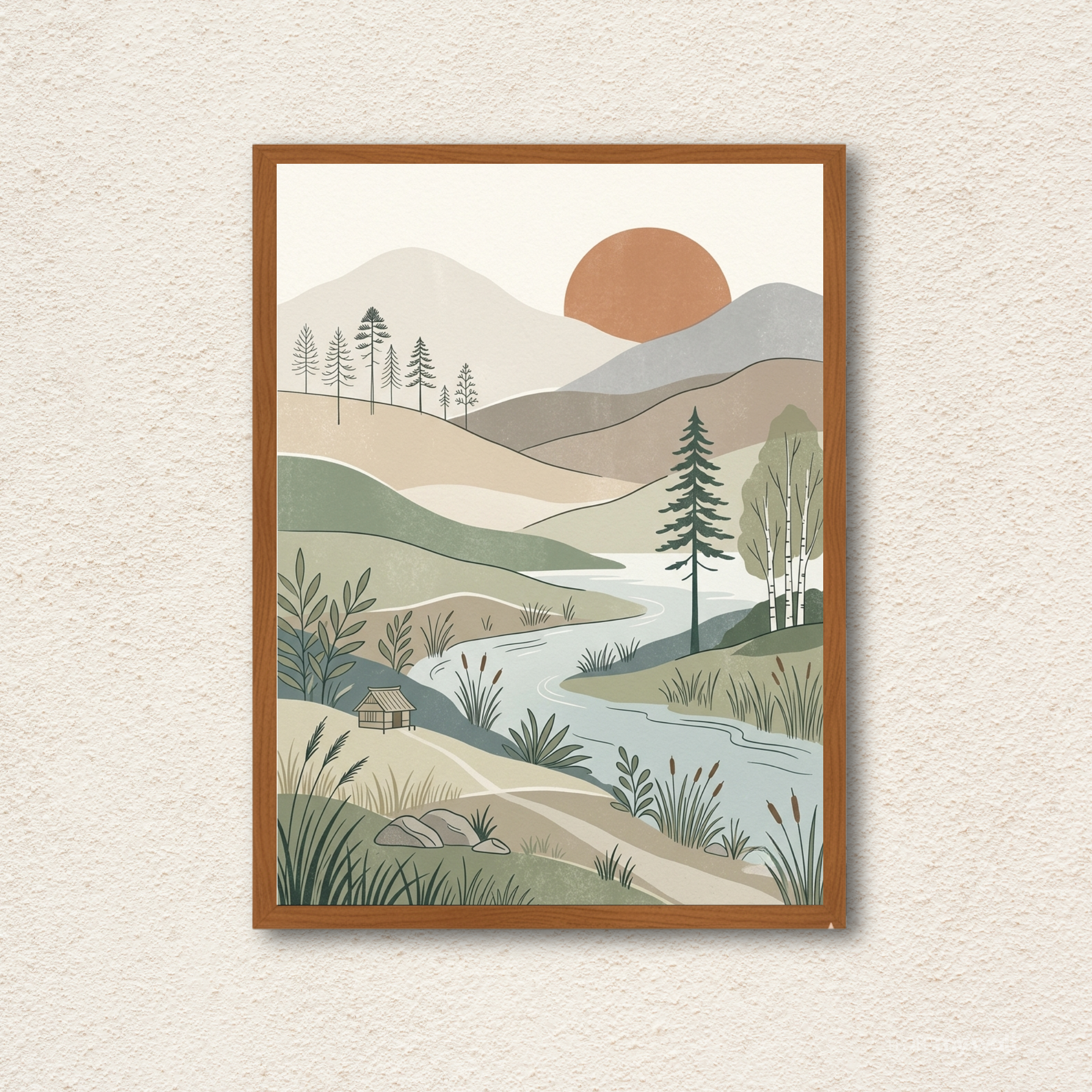 River Valley Retreat Minimalist Boho Landscape Wall Art