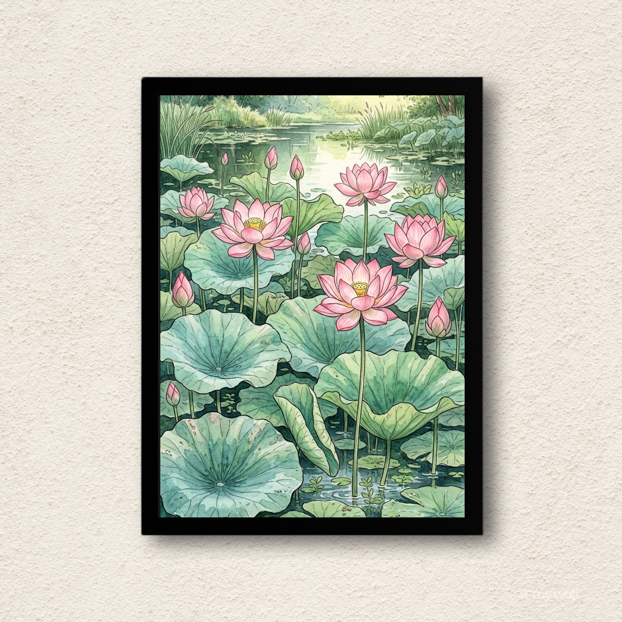 Serene Lotus Pond Watercolor Wall Art