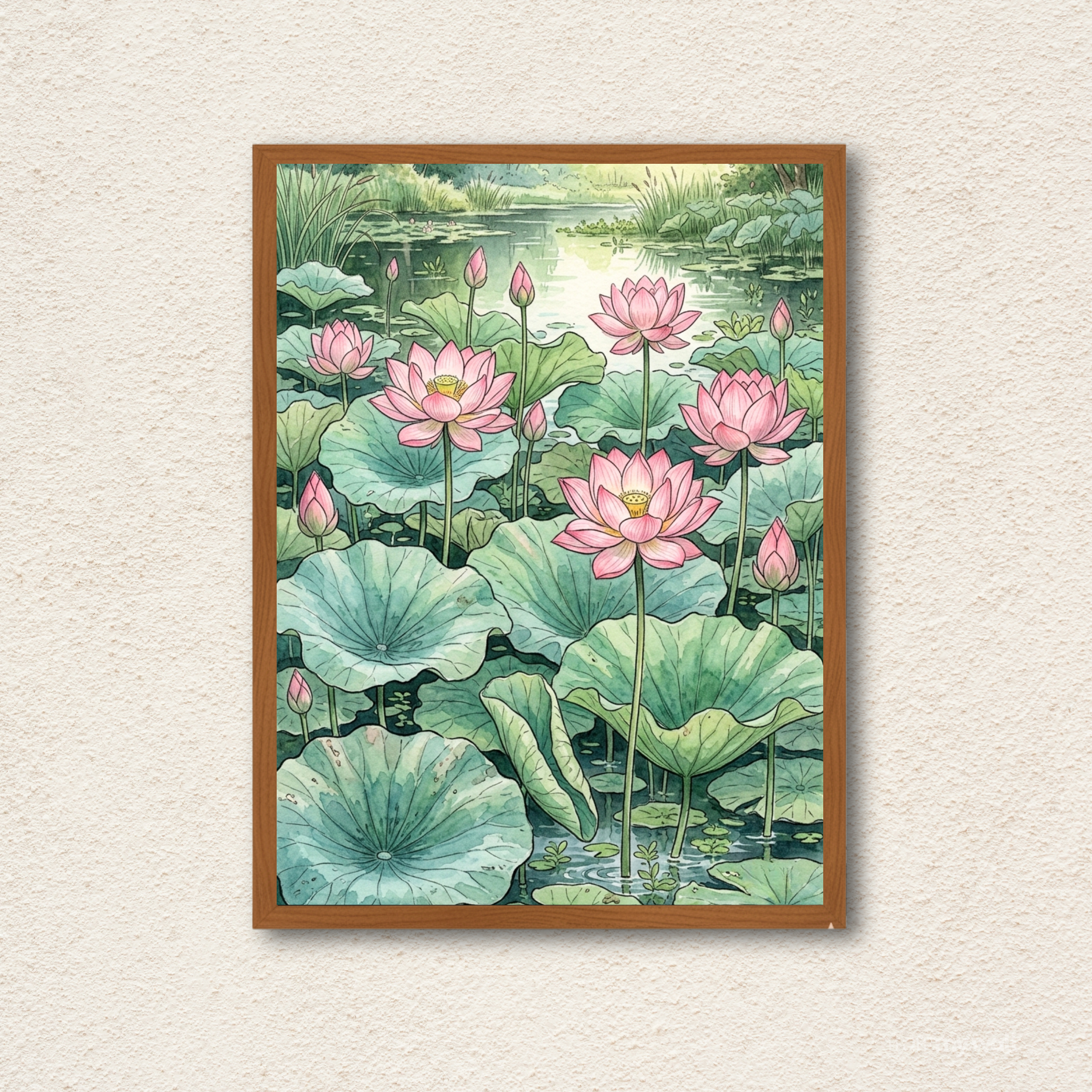 Serene Lotus Pond Watercolor Wall Art