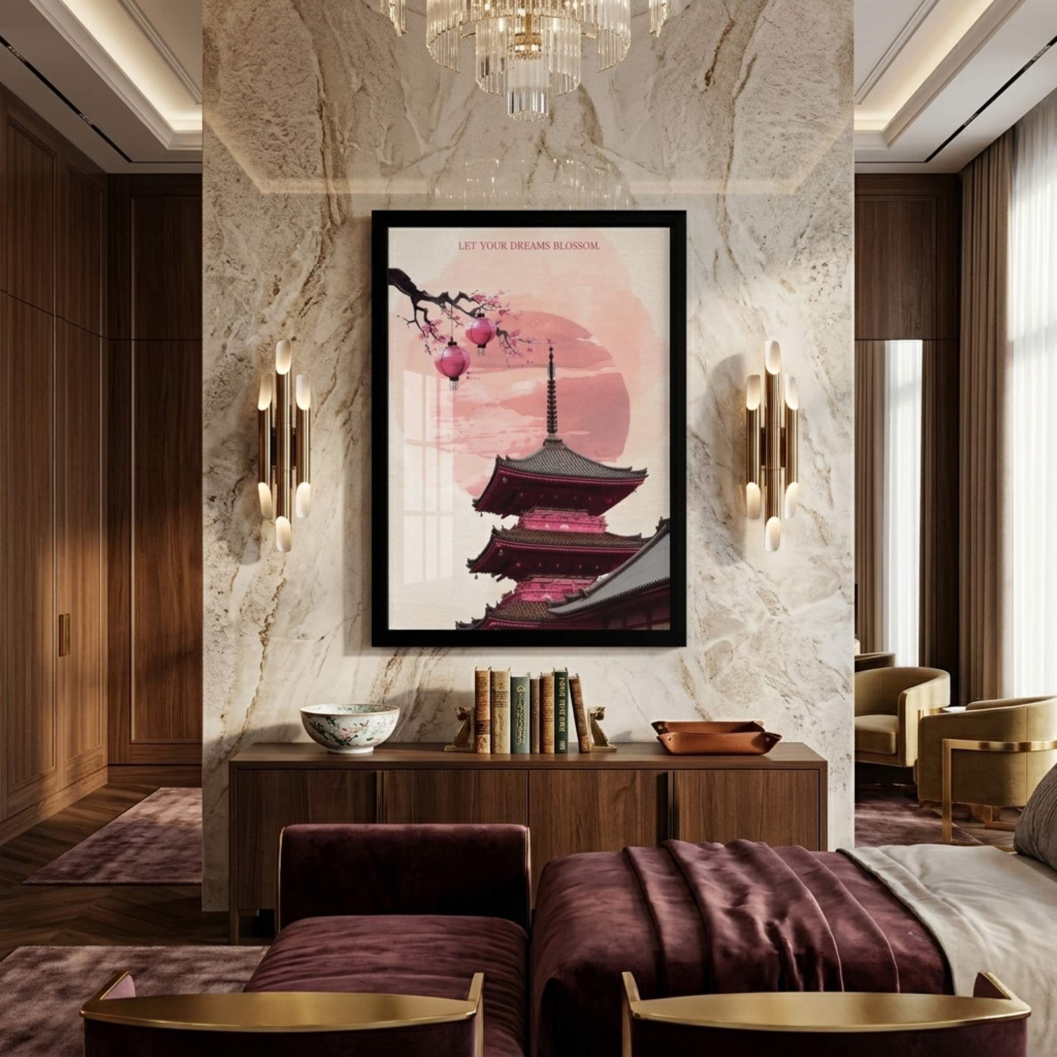 Blossoming Dreams Japanese Pagoda Wall Art Frame